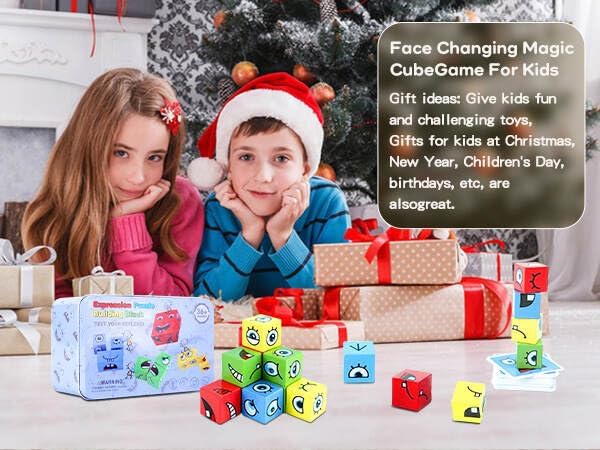 Wooden Face Changing Magic Cube Game | 64 Cards, 16 Blocks, 1 Bell