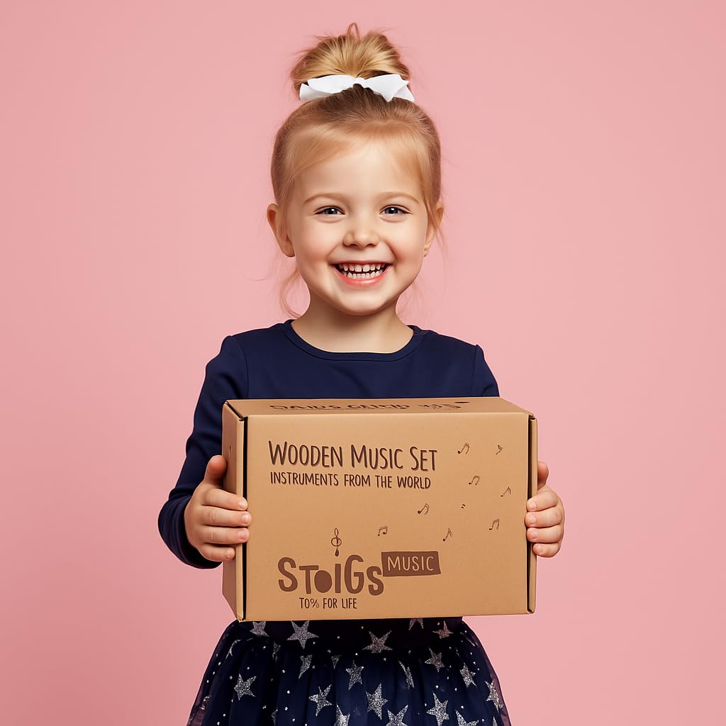 Stoie's Wooden Kids Musical Instruments for 3-9 Years Old, with Drum, Hand Bells, Flute, Maracas, Castanet, Tamburine, for Babies and Toddlers, Durable, Safe, Montessori Educational Toy, Storage Bag