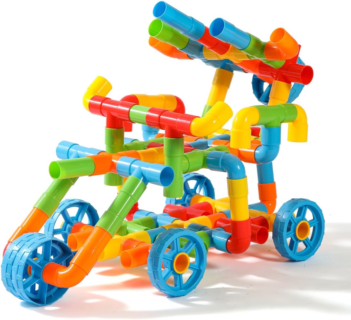 RAINBOW TOYFROG Fun Plus Size 156 Piece Pipe Building Blocks Set for Kids 4-8, Toddlers, Daycare - Educational STEM Interlocking Pipes, Tubes, Construction Blocks. Makes Variety of Cars & Push Toys