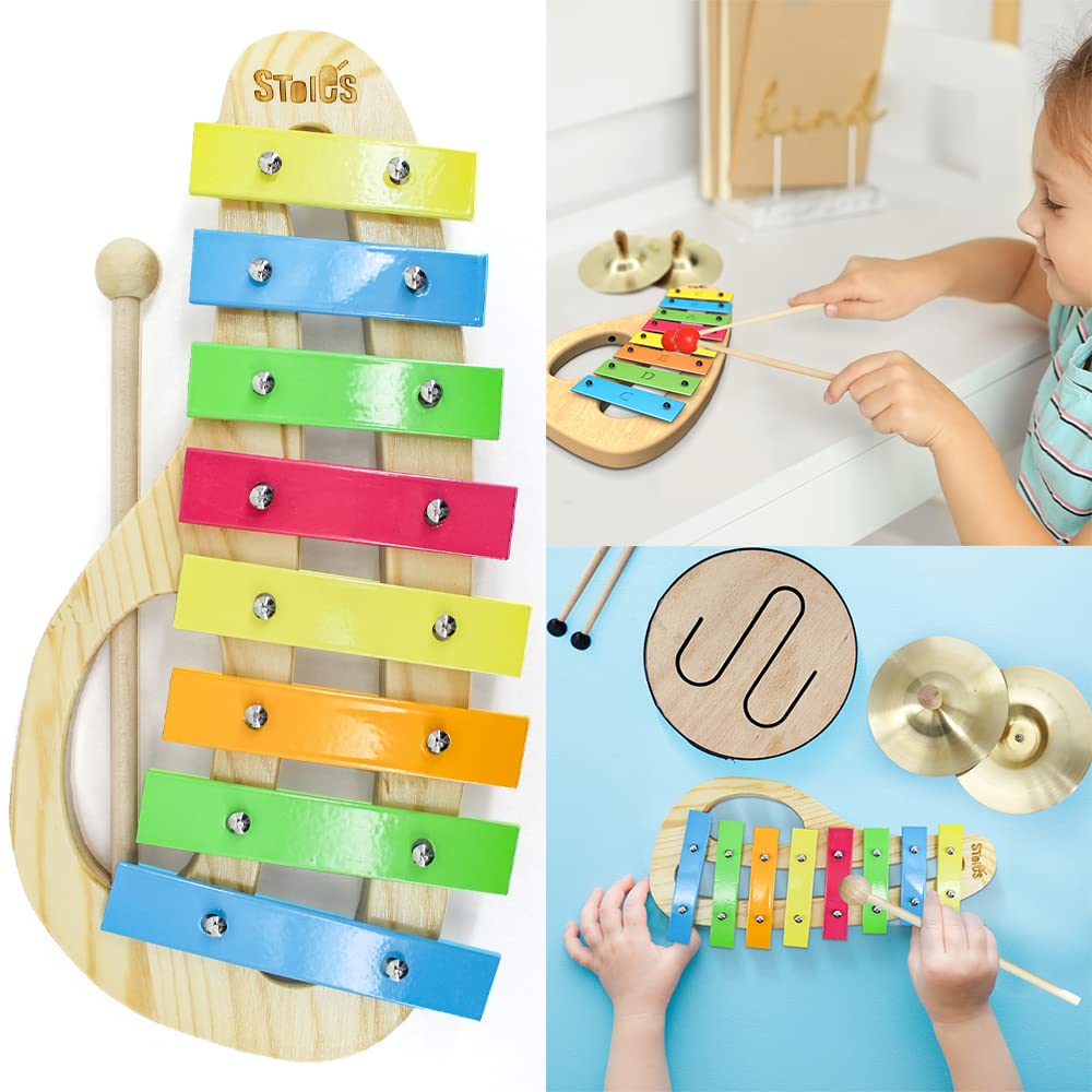 Stoie's Wooden Kids Musical Instruments for 3-9 Years Old, with Drum, Hand Bells, Flute, Maracas, Castanet, Tamburine, for Babies and Toddlers, Durable, Safe, Montessori Educational Toy, Storage Bag