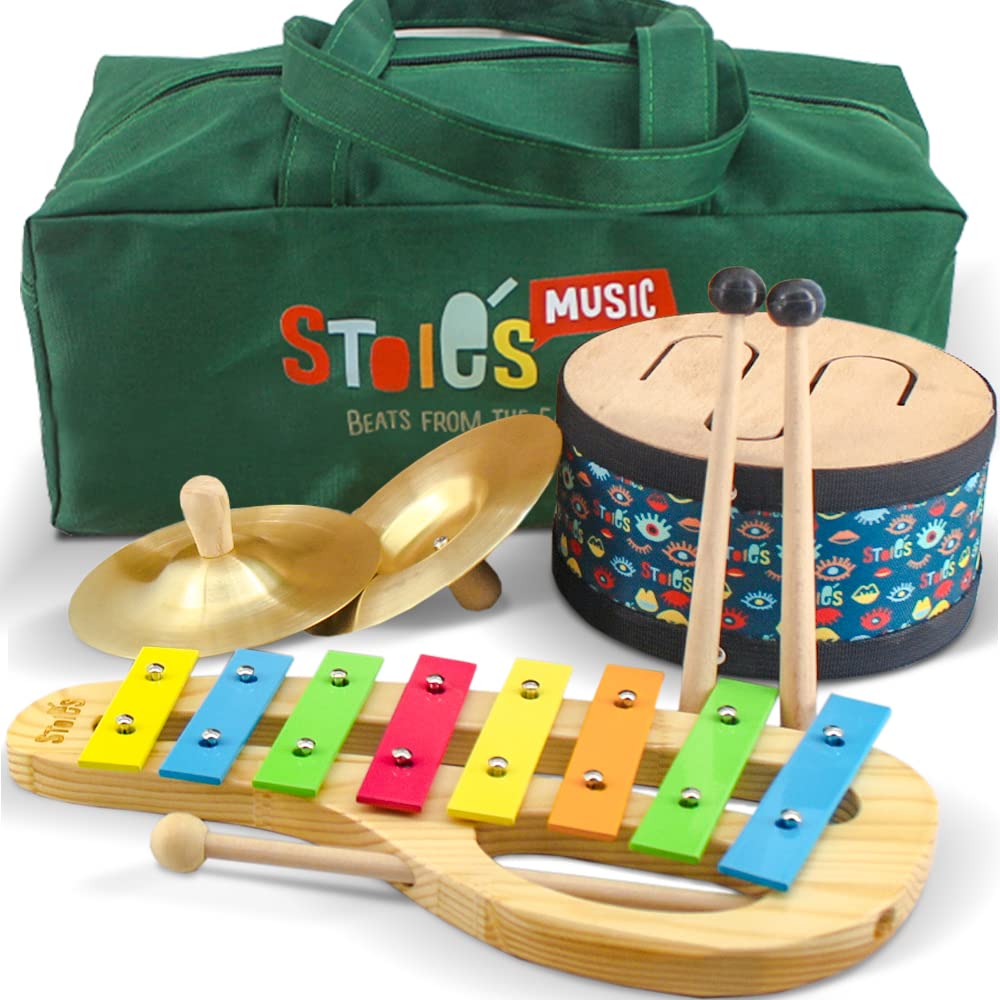 Stoie's Wooden Kids Musical Instruments for 3-9 Years Old, with Drum, Hand Bells, Flute, Maracas, Castanet, Tamburine, for Babies and Toddlers, Durable, Safe, Montessori Educational Toy, Storage Bag
