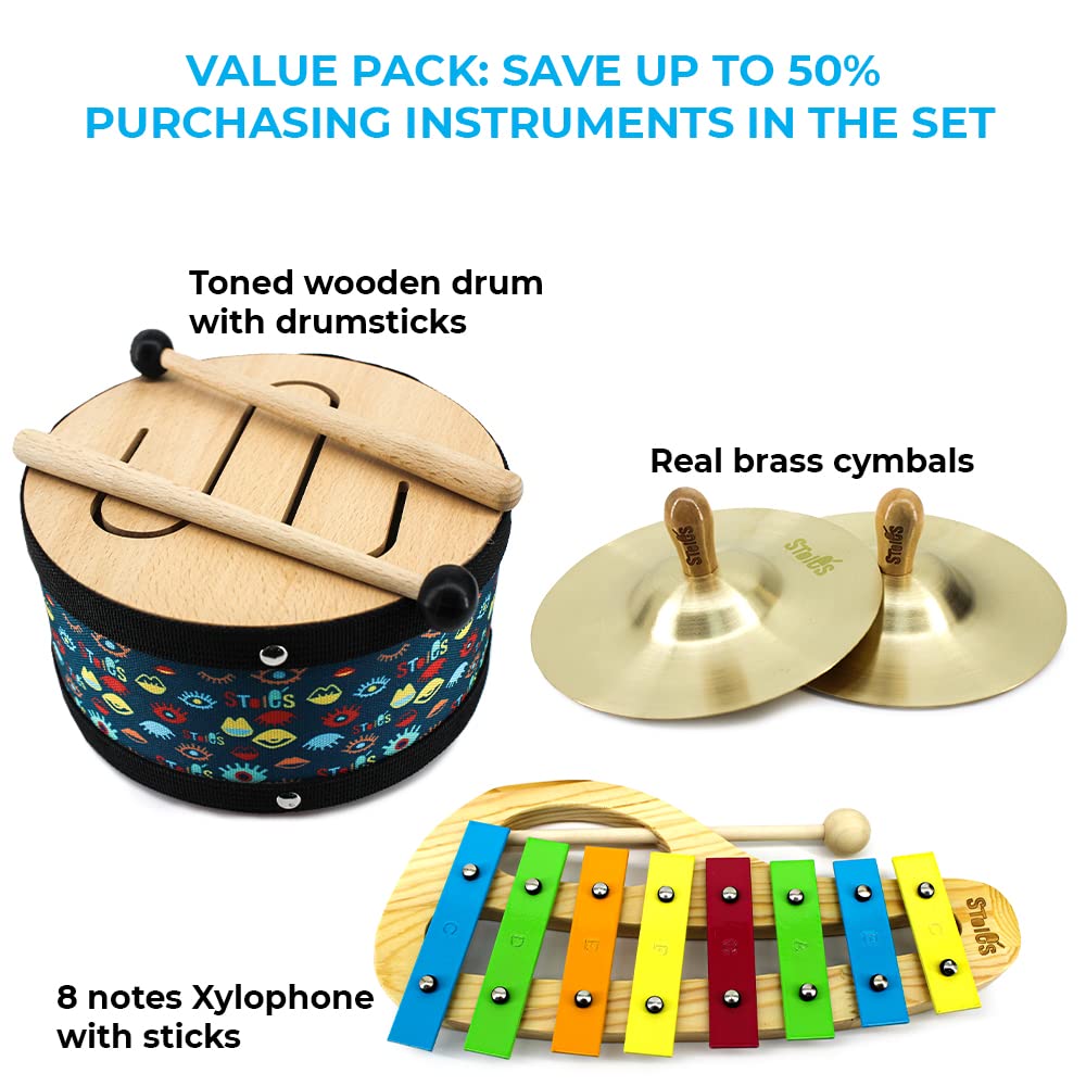 Stoie's Wooden Kids Musical Instruments for 3-9 Years Old, with Drum, Hand Bells, Flute, Maracas, Castanet, Tamburine, for Babies and Toddlers, Durable, Safe, Montessori Educational Toy, Storage Bag