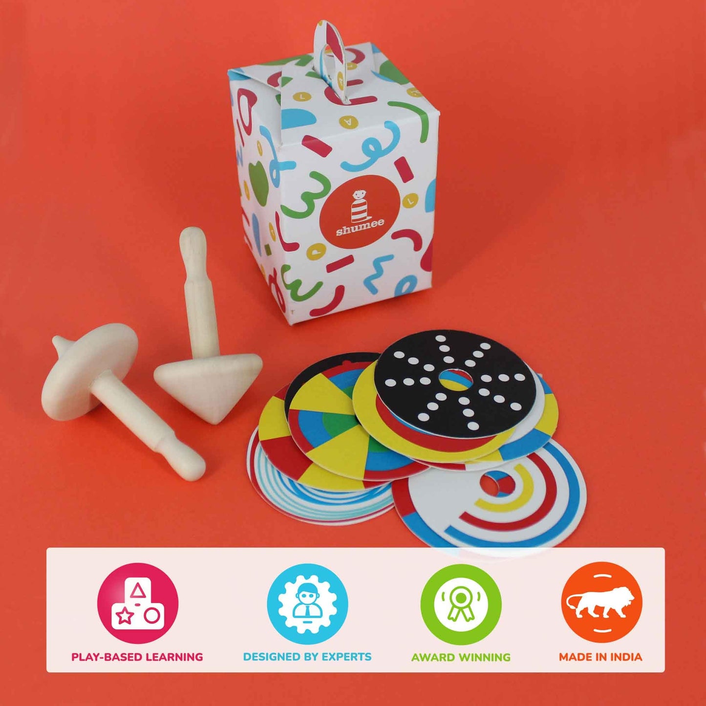Shumee Spinning Tops for Kids 2 3 4 5+ Year Old, Set of 3 Wooden Montessori Toys, Improves Hand Eye Coordination, Great for Sensory Play, Eco-Friendly 100% Child Safe (Red/Blue/Yellow)