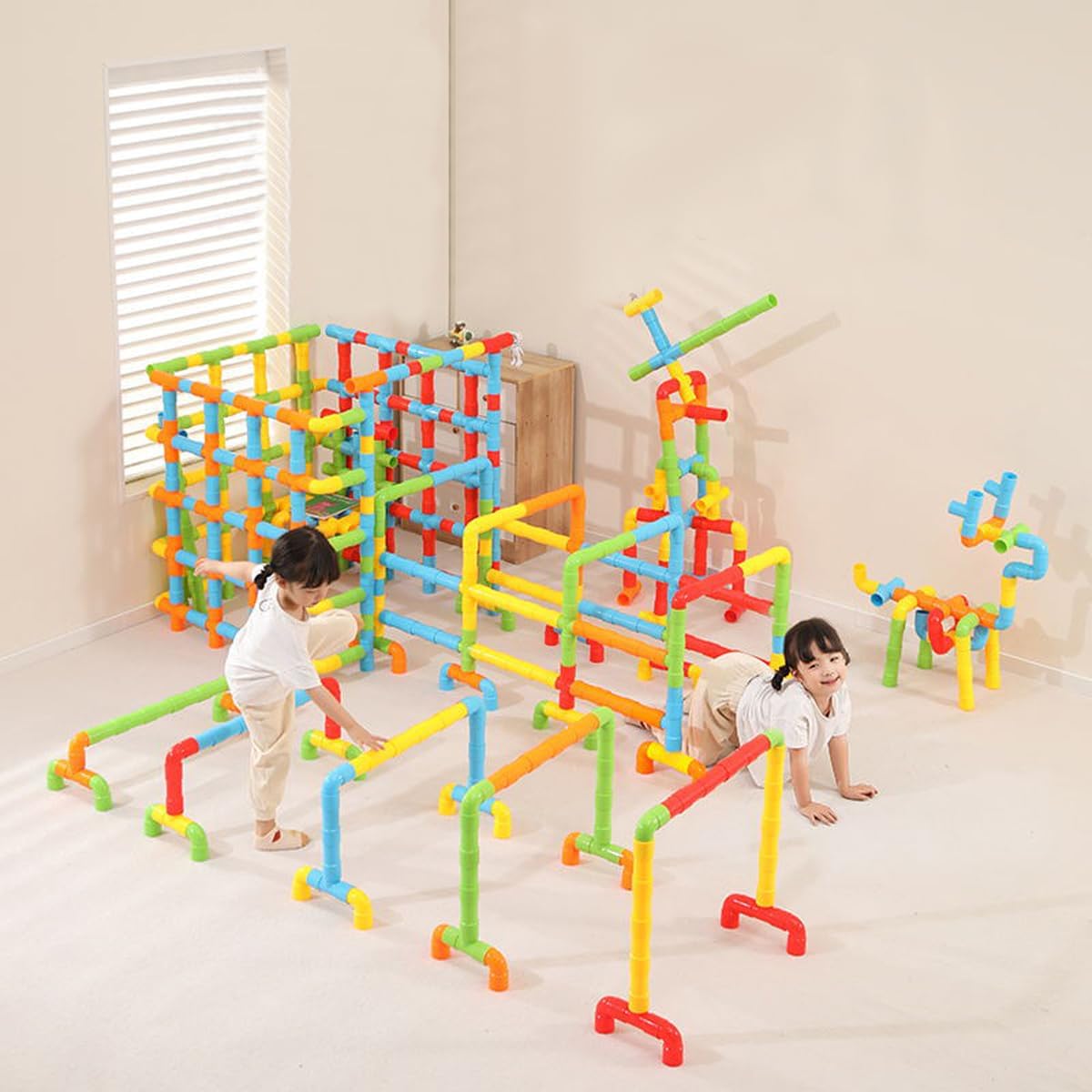 RAINBOW TOYFROG Fun Plus Size 156 Piece Pipe Building Blocks Set for Kids 4-8, Toddlers, Daycare - Educational STEM Interlocking Pipes, Tubes, Construction Blocks. Makes Variety of Cars & Push Toys