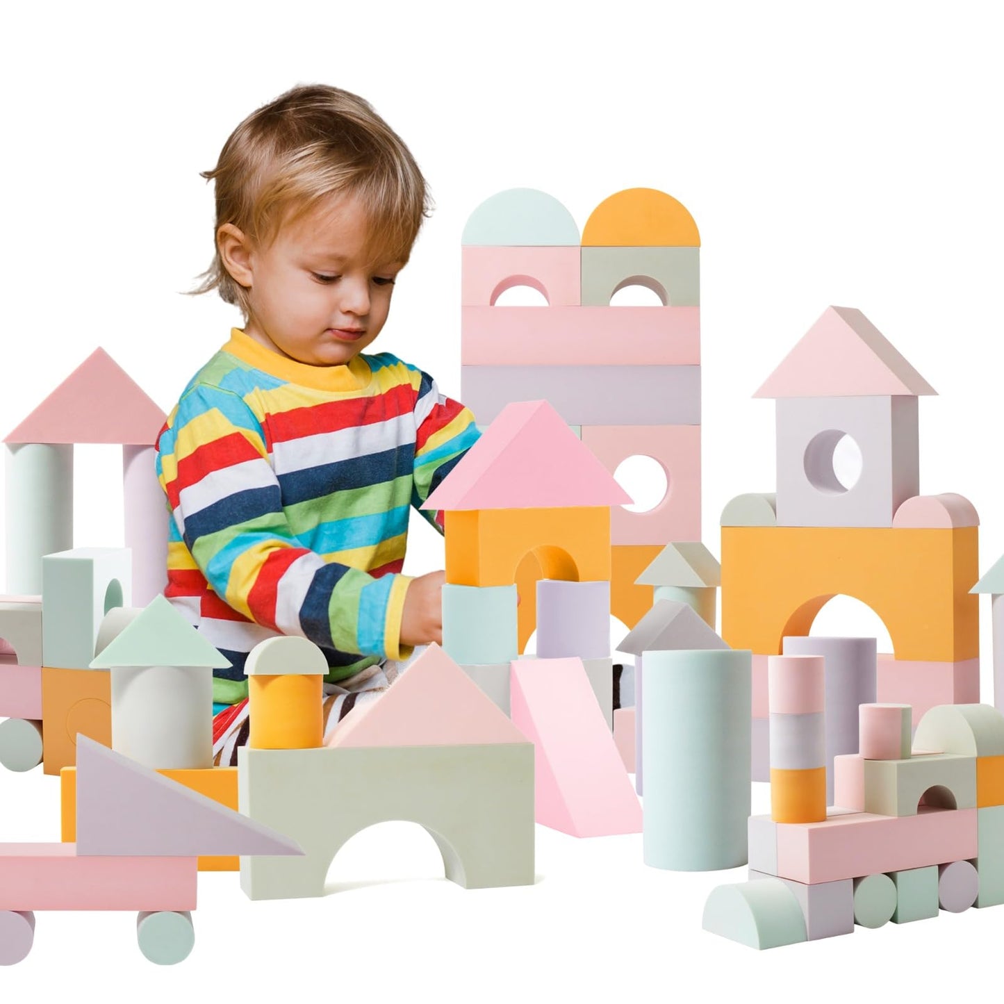 Set of 34 Large Foam Blocks for Toddlers - Stacking Soft Blocks for Kids with Shapes & Colors Learning - Construction Building Preschool Toys - Soft Toy for Daycare Toddlers 3-5 & Above
