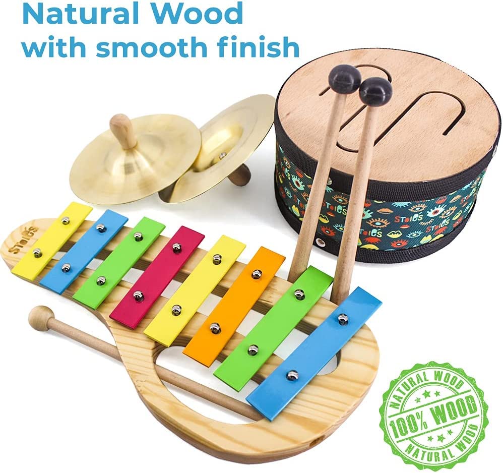 Stoie's Wooden Kids Musical Instruments for 3-9 Years Old, with Drum, Hand Bells, Flute, Maracas, Castanet, Tamburine, for Babies and Toddlers, Durable, Safe, Montessori Educational Toy, Storage Bag