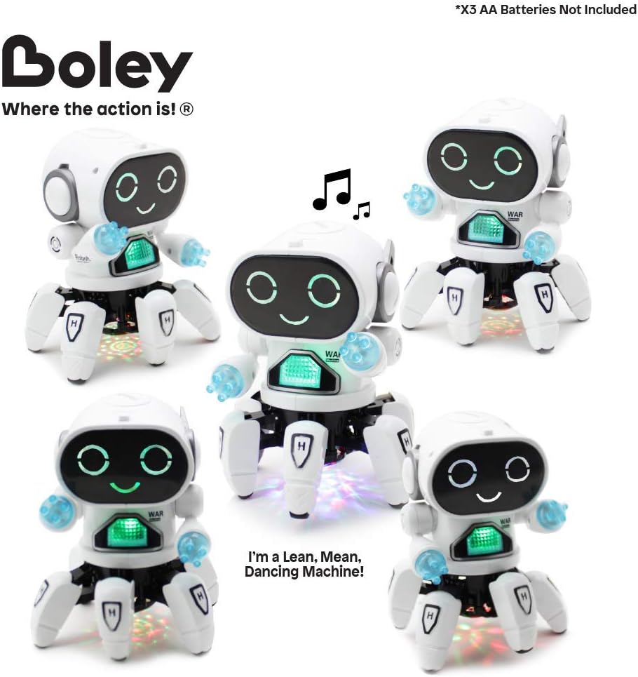 Boley Pioneer Dancing Robot in White and Blue - Walking Dancing Electronic Robot Toy for Kids with Disco Flashing Lights and Dance Music - Battery Operated