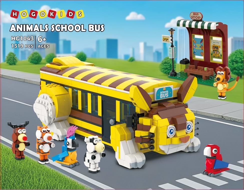 HOGOKIDS Cat School Bus Building Set with Light - 1319PCS City Bus Adventure Building Toy with 6 Animals & Station, Creative Cute Lion Parrots Elk Dairy Cow Tiger Blocks Playset Surprise Gift for Kids