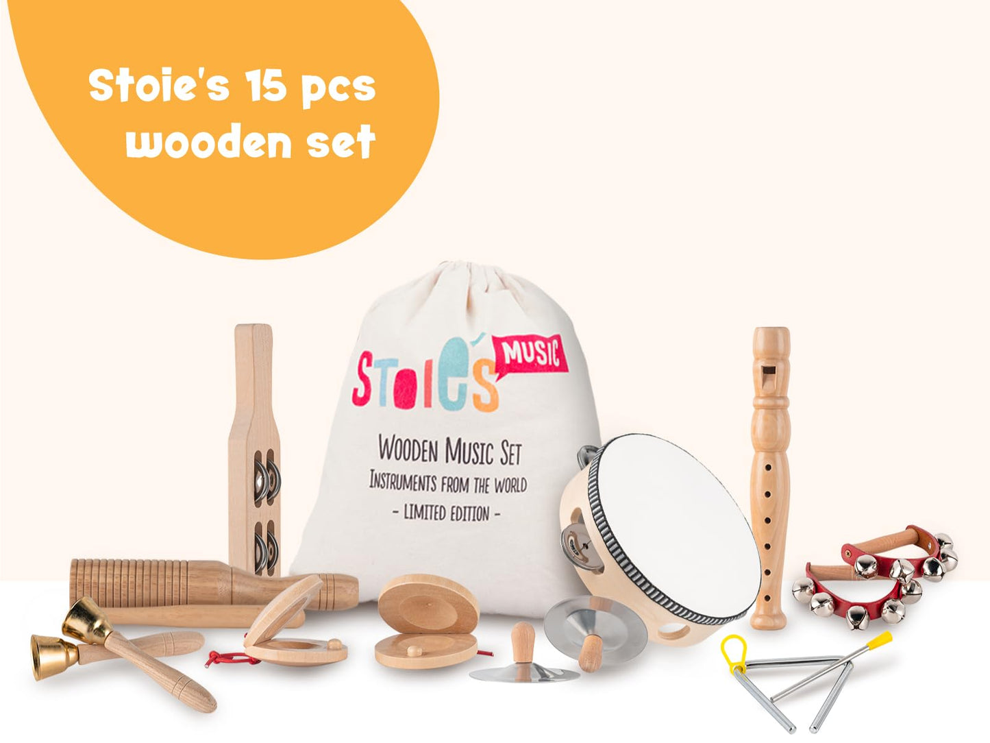 Stoie's Wooden Kids Musical Instruments for 3-9 Years Old, with Drum, Hand Bells, Flute, Maracas, Castanet, Tamburine, for Babies and Toddlers, Durable, Safe, Montessori Educational Toy, Storage Bag