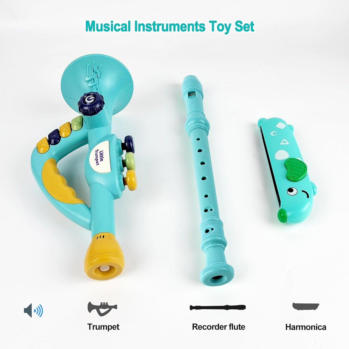 Toddler Musical Instruments Toy, Trumpet, Harmonica, Recorder Flute for Kids Baby, Musical Toys Set for Children, Gifts for Boys Girls Ages 2 3 4 5, Blue
