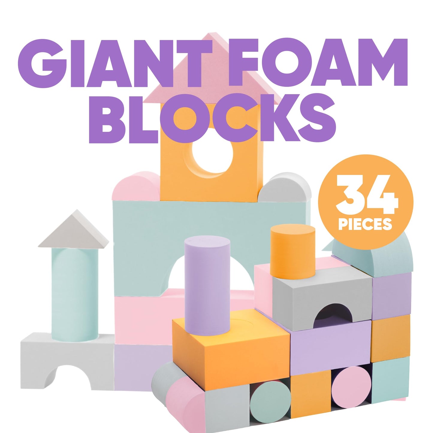 Set of 34 Large Foam Blocks for Toddlers - Stacking Soft Blocks for Kids with Shapes & Colors Learning - Construction Building Preschool Toys - Soft Toy for Daycare Toddlers 3-5 & Above