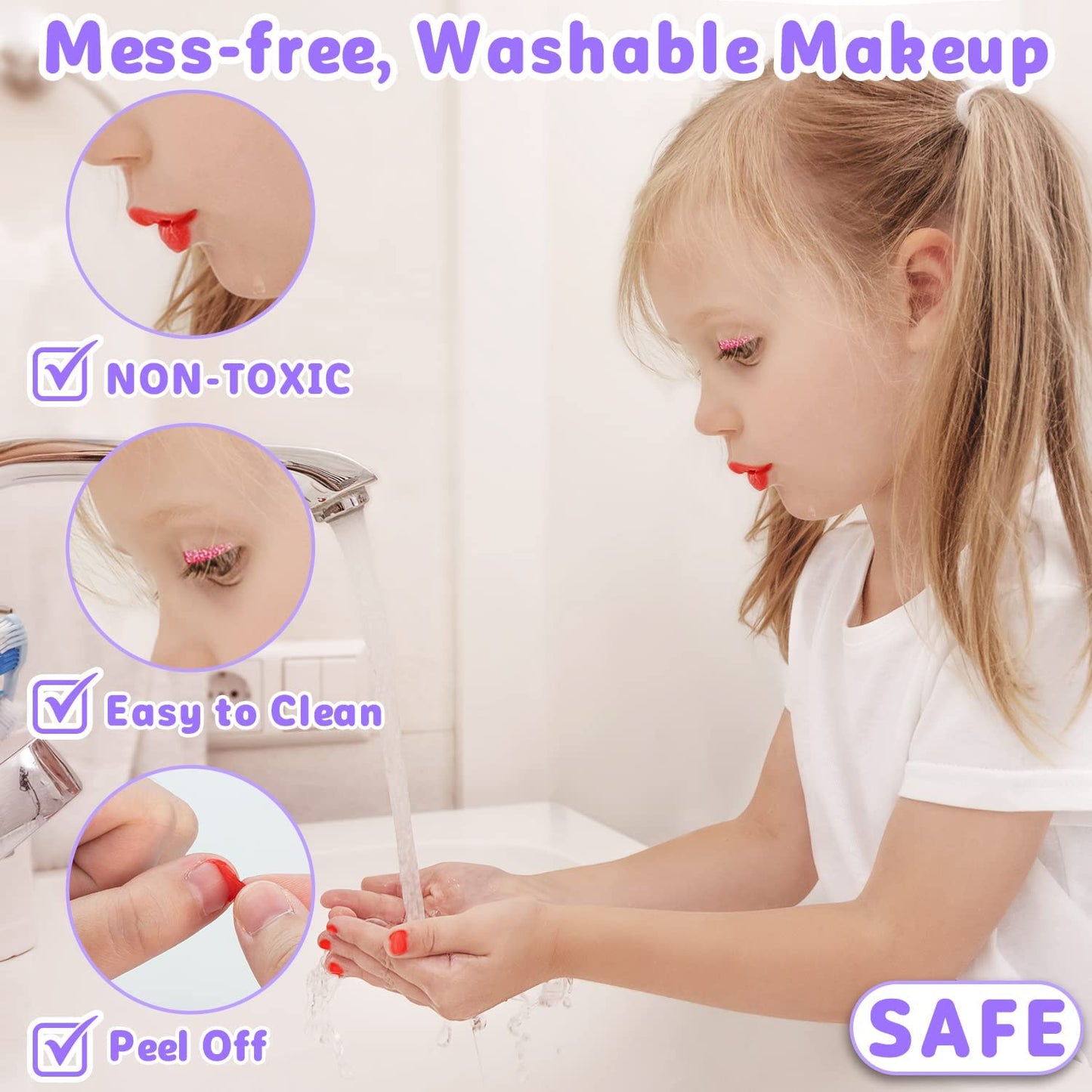 Hollyhi 58 Pcs Kids Makeup Kit for Girl, Princess Toys Real Washable Cosmetic Set with Mirror, Kids Makeup Sets for Girls, Play Make Up Birthday Gifts for 3 4 5 6 7 8 9 10 11 12 Years Old Kid (Rose)