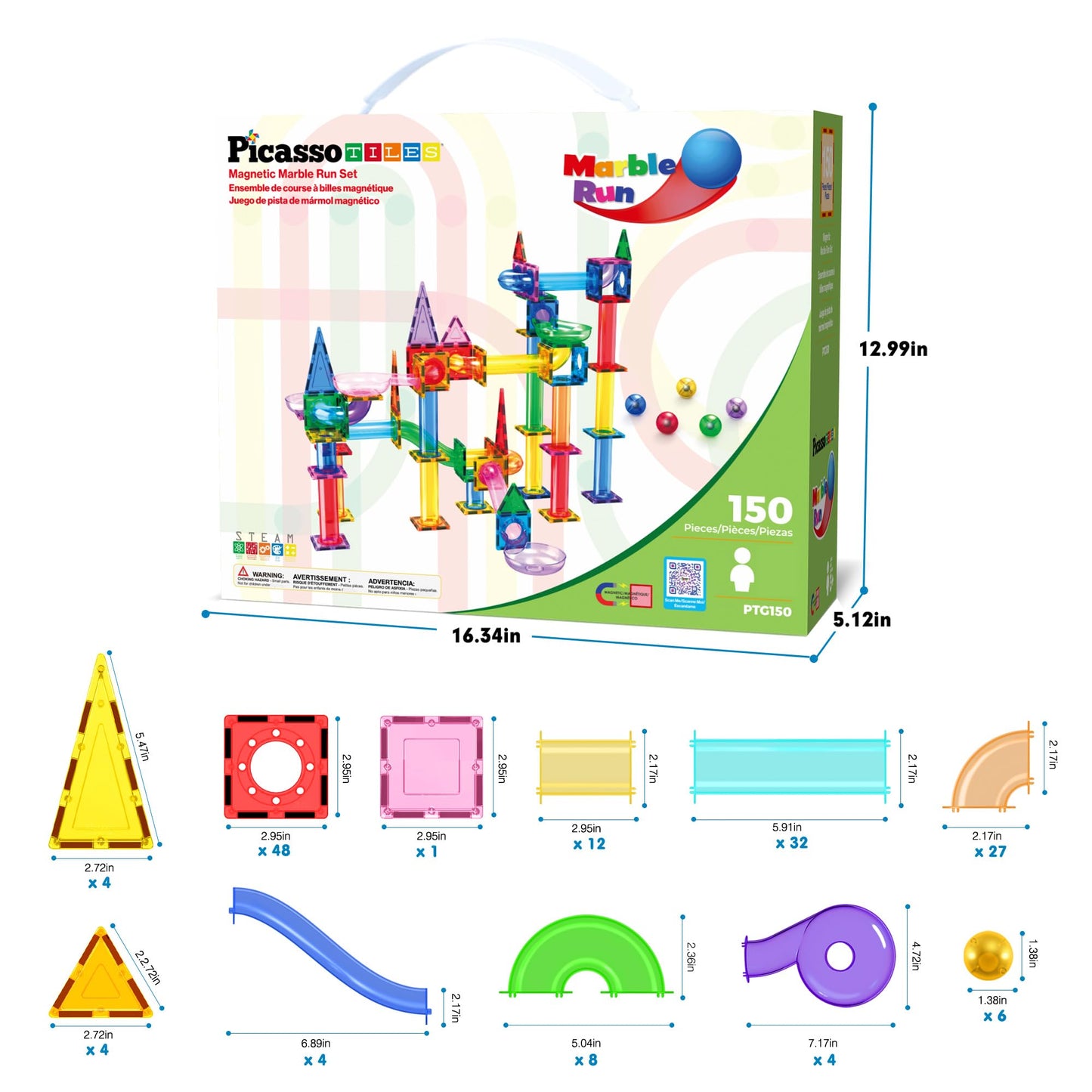 PicassoTiles 108pc 3-in-1 Marble Run Car Race Track Combo Magnetic Tiles PicassoToys Magnet Building Block Educational Construction Toy Playset STEM STEAM Learning Kit Child Brain Development PTG108