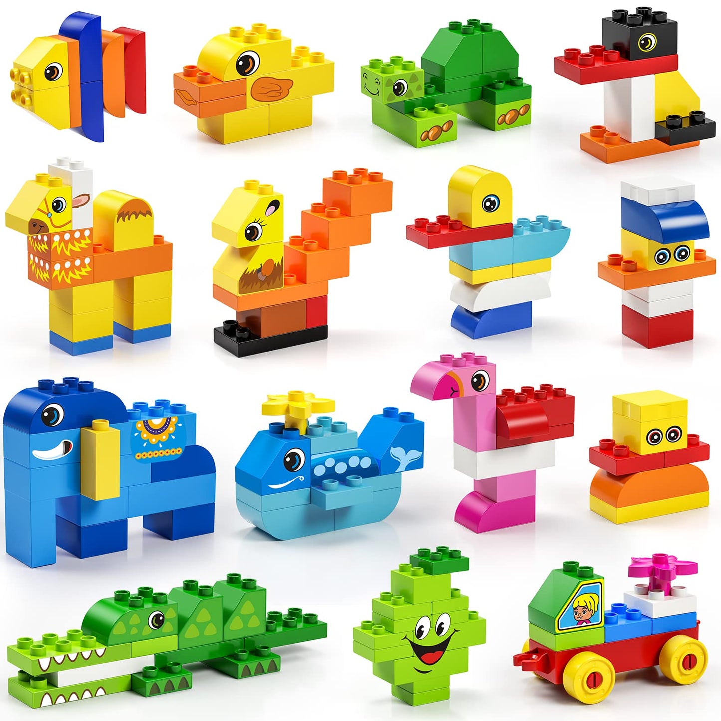 burgkidz Educational Toy Classic Big Size Bricks Building Blocks, Large Compatible Animal Building Bricks with Reusable Storage Bucket Gift for Boy Girl Ages 3+