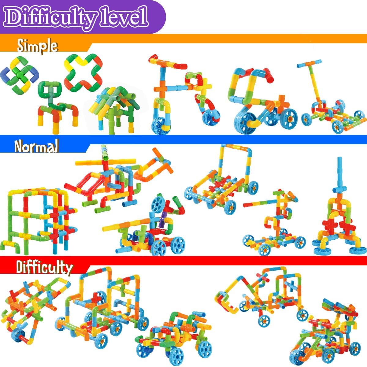 RAINBOW TOYFROG Fun Plus Size 156 Piece Pipe Building Blocks Set for Kids 4-8, Toddlers, Daycare - Educational STEM Interlocking Pipes, Tubes, Construction Blocks. Makes Variety of Cars & Push Toys
