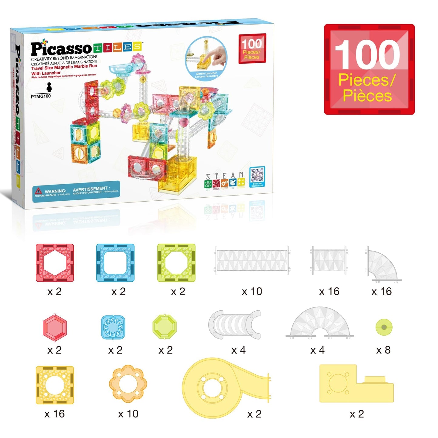 PicassoTiles 108pc 3-in-1 Marble Run Car Race Track Combo Magnetic Tiles PicassoToys Magnet Building Block Educational Construction Toy Playset STEM STEAM Learning Kit Child Brain Development PTG108