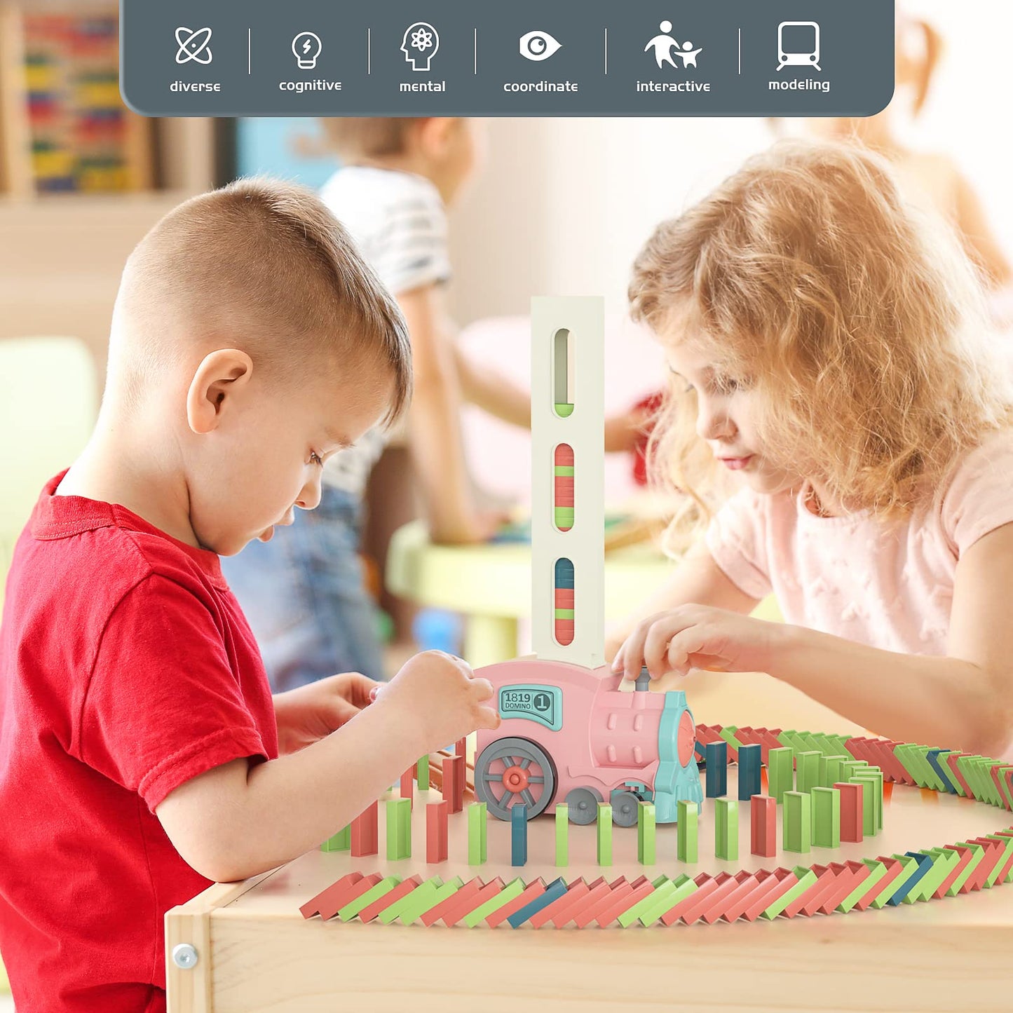 Kids Games Domino Train Toys: 180PCS Automatic Stacking Creative Game 3+ Year Old - Stem Montessori Toy for Boys 4-6 - Summer Autistic Christmas Birthday Gifts 5 6 Toddler Girls Ages 4-8