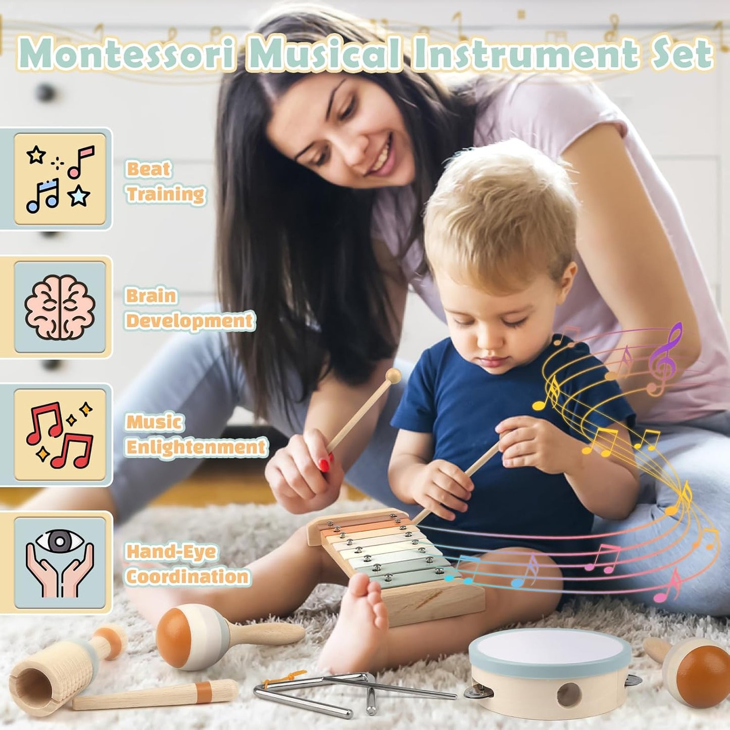 Musical Instruments - 6 in 1 Wooden Musical Toys for 2 3 Year Old Boy & Girls Birthday Gifts, Neutral Colors with Modern Boho Xylophone for Toddler Preschool Educational Toy for Baby 18+ Months