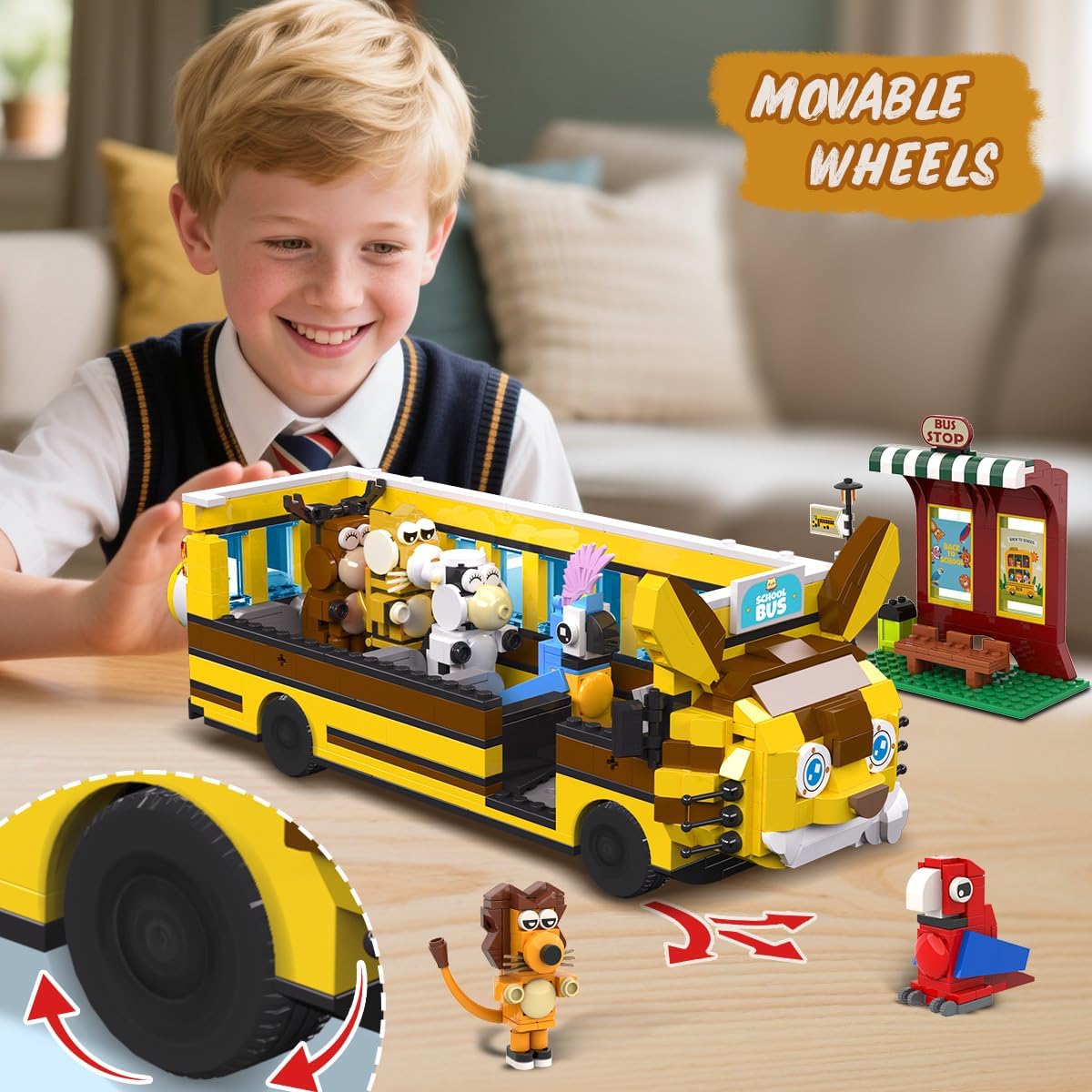 HOGOKIDS Cat School Bus Building Set with Light - 1319PCS City Bus Adventure Building Toy with 6 Animals & Station, Creative Cute Lion Parrots Elk Dairy Cow Tiger Blocks Playset Surprise Gift for Kids