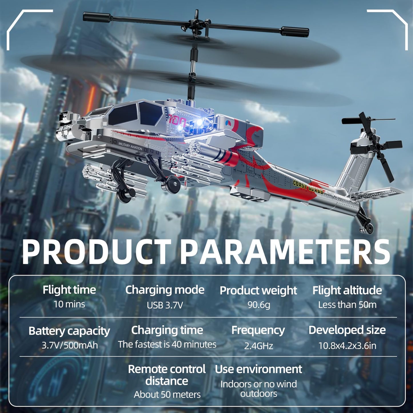 Remote Control Military Flying Helicopter Toy 2.4GHz, 3.5 Channels, Gyro & LED Light, Altitude Hold, RC Helicopters for Kids Adults Beginner (Silvery)
