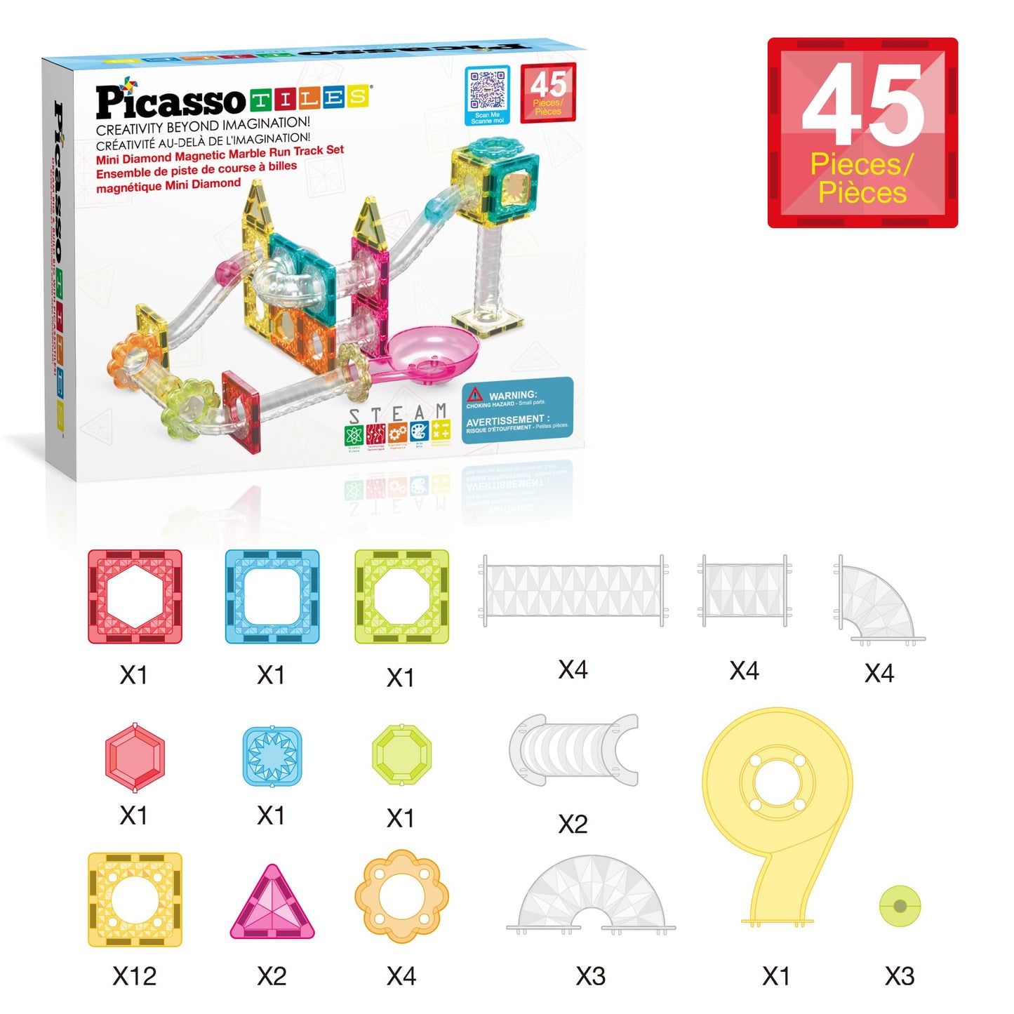PicassoTiles 108pc 3-in-1 Marble Run Car Race Track Combo Magnetic Tiles PicassoToys Magnet Building Block Educational Construction Toy Playset STEM STEAM Learning Kit Child Brain Development PTG108