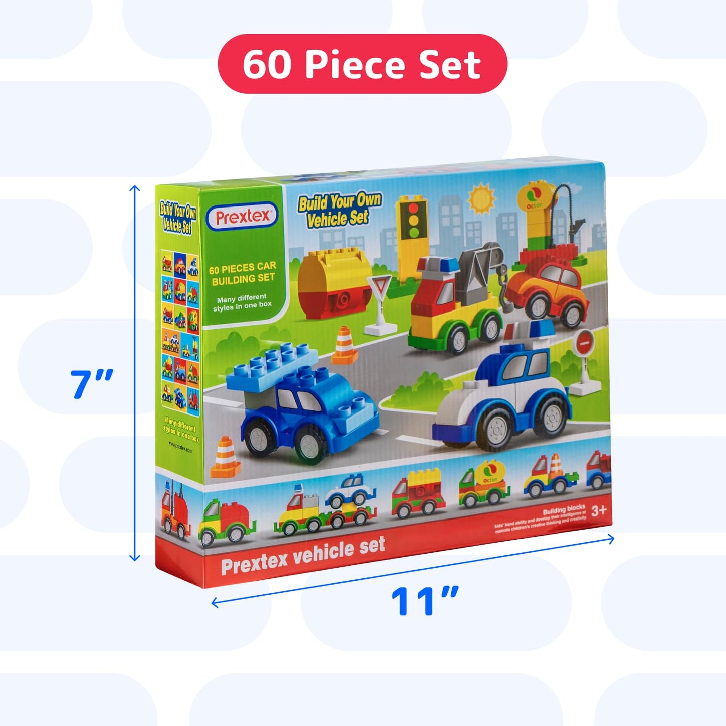 PREXTEX Building Toys for Toddlers - 60-Piece Building Blocks for Toddlers to Build Cars and Trucks - Easy-Grip, Child-Safe Design for 3 up - Creative STEM Learning and Fine Motor Skill Development