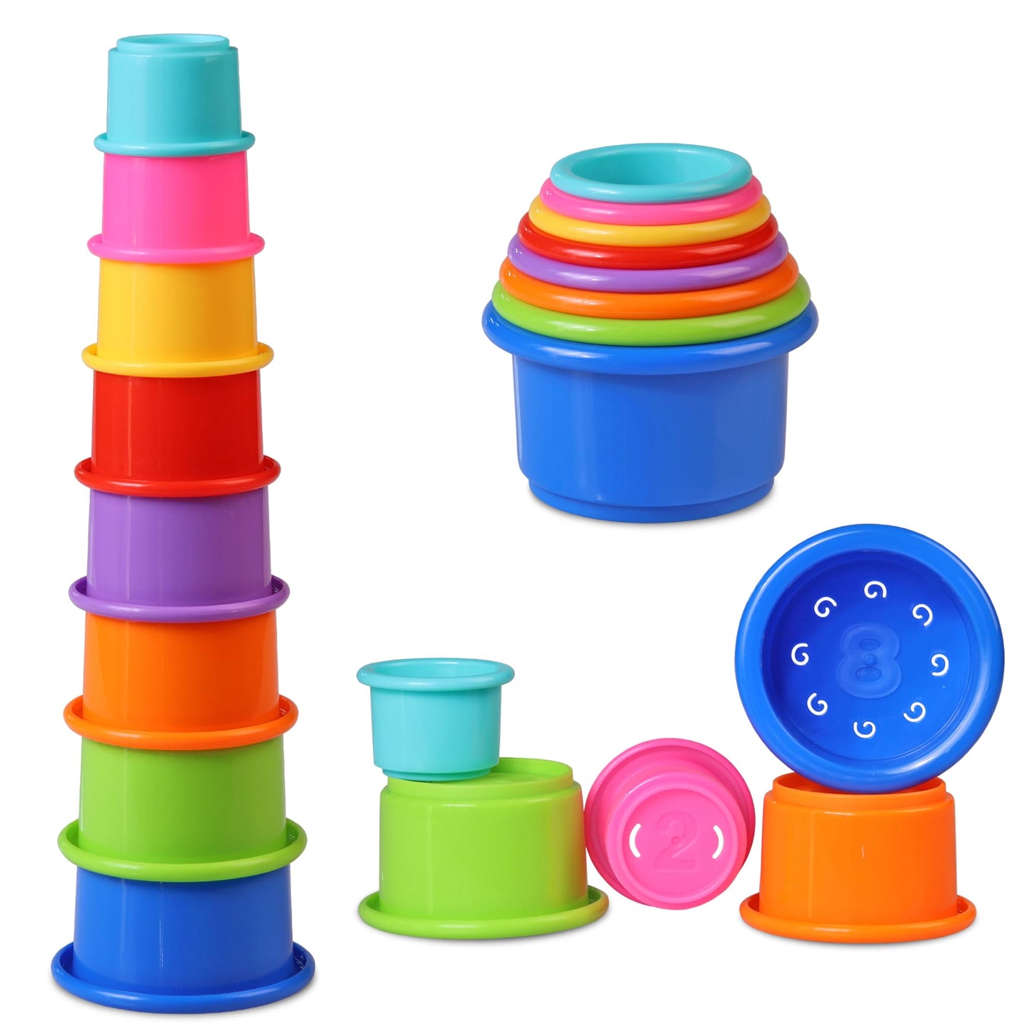 Stacking Cups Baby Toy Educational Cup Stacking Set 8-Pc Stackable Cups with Number Rainbow Nesting Cups for Babies 6-12 Months Stacking Cups for Toddlers 1-3 Perfect for Indoor/Outdoor