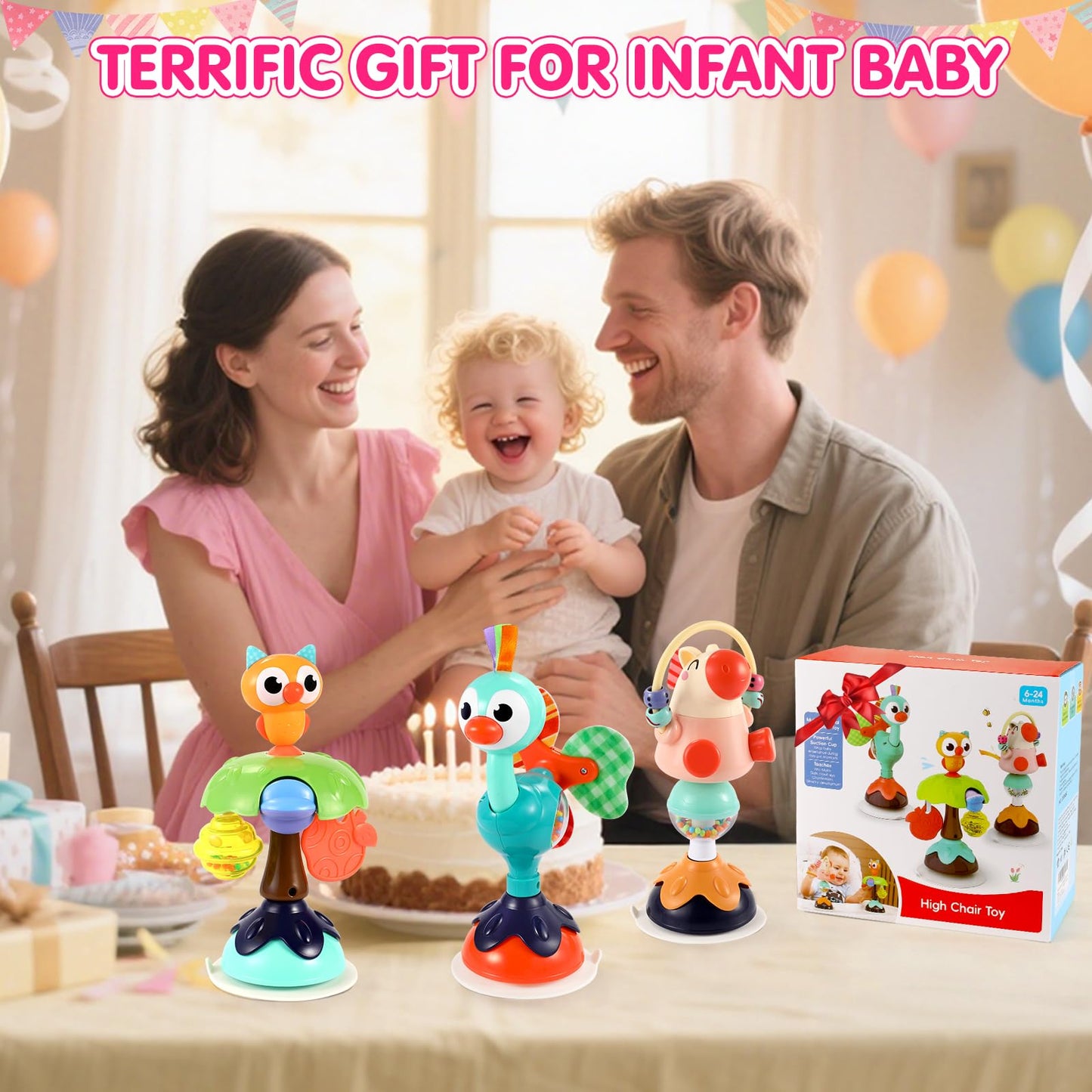 Baby Toys 6-12 Months Infant Toy Set of 3 High Chair Suction Cup Rattle Teething Toys for Babies 6 7 9 12-18 Months 2-in-1 Sensory Development Tray Toy Baby Gifts for Boys Girls