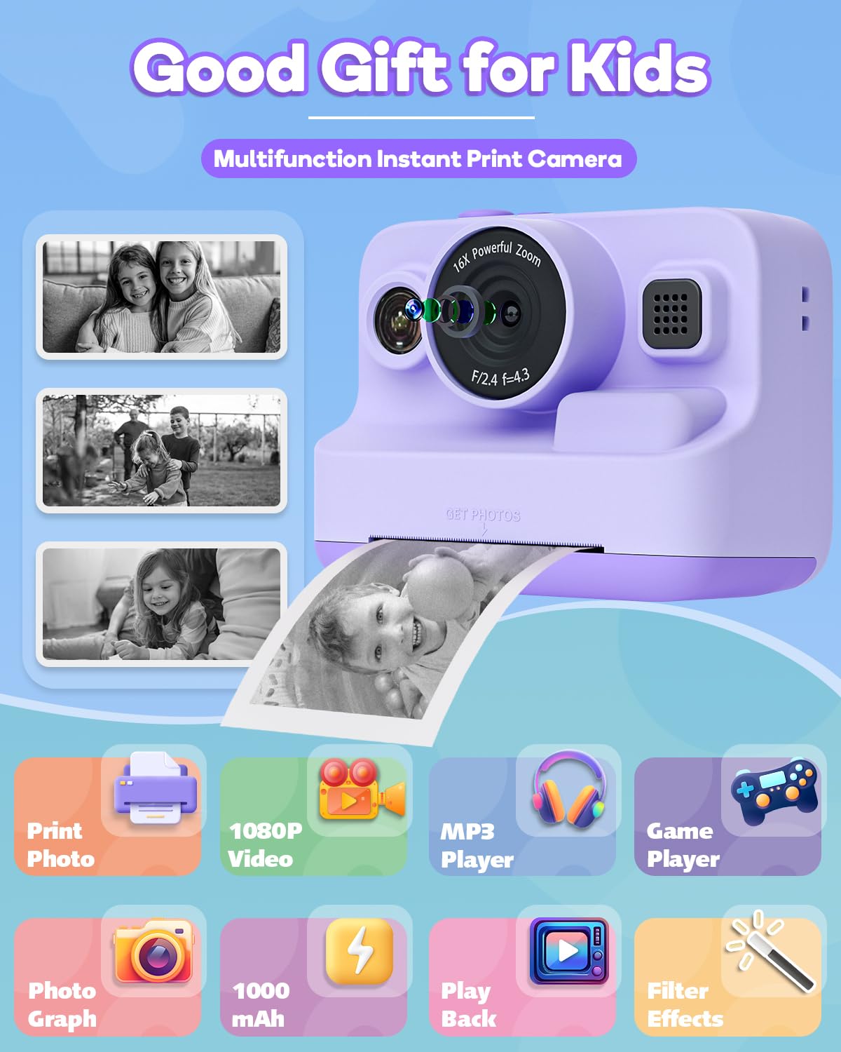 Kids Camera Instant Print,1080P Kids Instant Cameras That Print Photos,Christmas Birthday Gifts for Girls Age 3-12,Portable Toy for 3 4 5 6 7 8 9 10 Year Old Girls Boys Pink