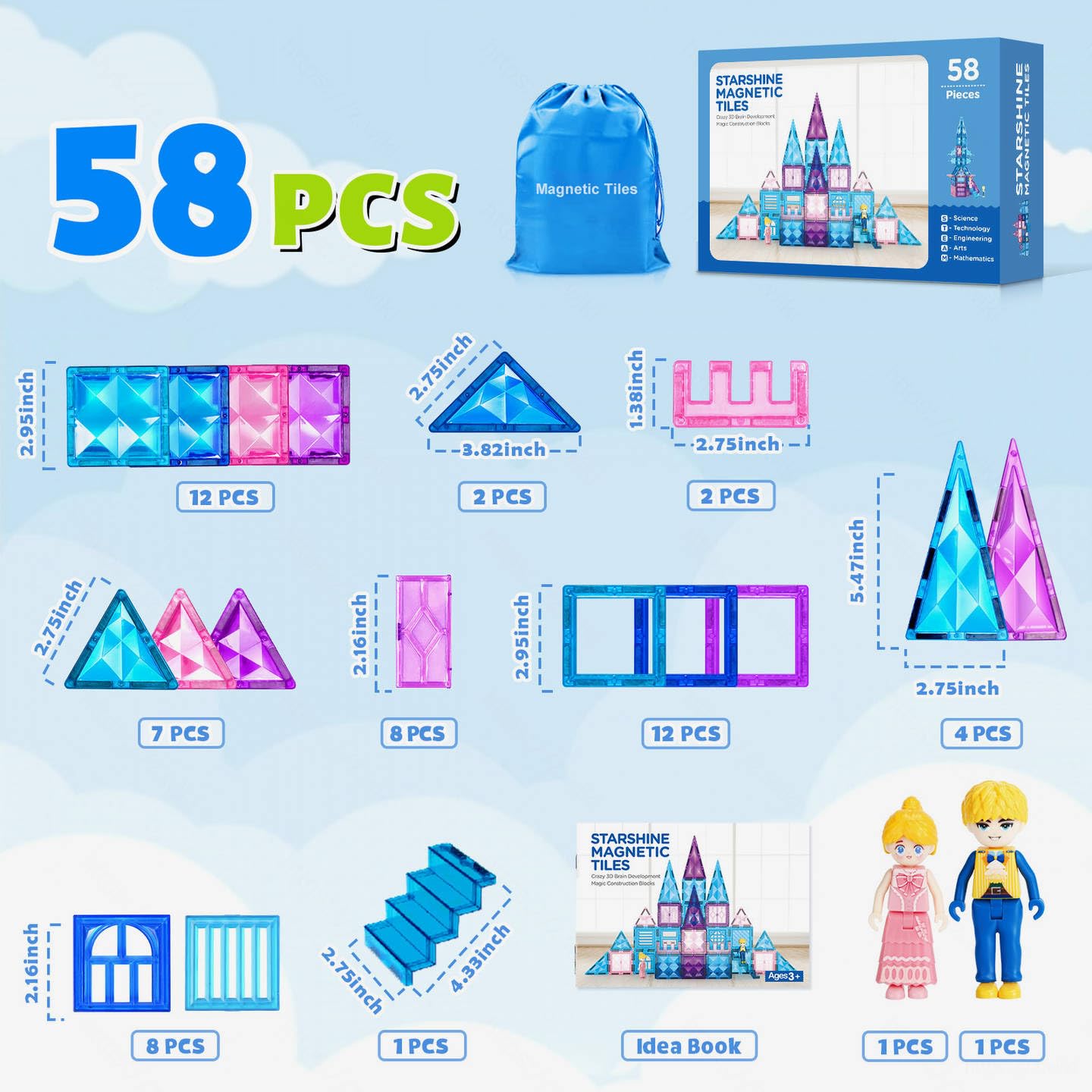 102PCS Ice Castle Magnetic Tiles, 3D Building Blocks STEM Educational Kids Toys for Pretend Play, 3 4 5 6 7 8 Year Old Birthday Gifts for Boys and Girls, Preschool Learning Toys for Birthday