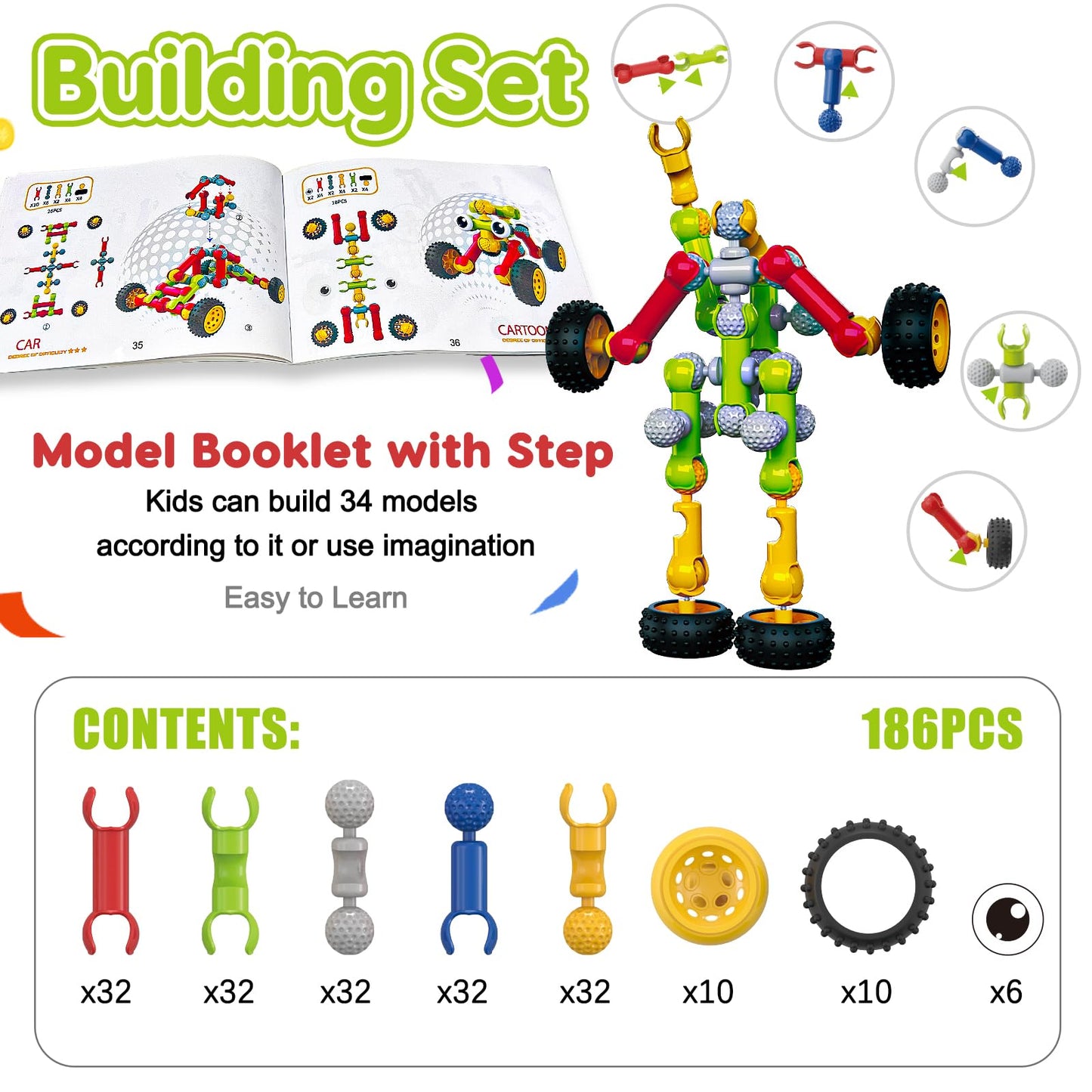 Kids STEM Building Toys for 3 4 5 6 7 8+ Year Old Boy Girl Birthday Gift, 125 Pcs Preschool Classroom Educational Building Blocks Stem Kits Activities Ages 3-5 4-8 5-7 6-8 Engineering Creative Games