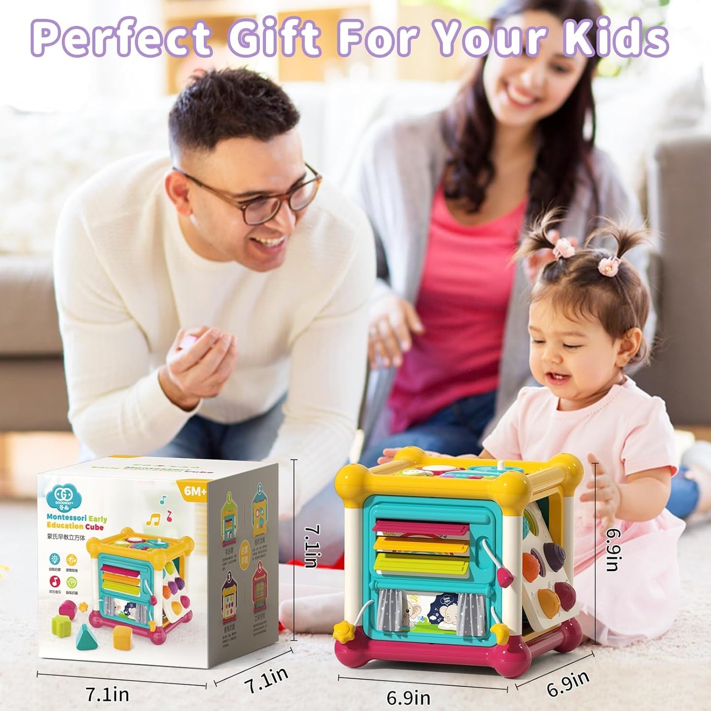 Baby Activity Cube, 6-in-1 Montessori Toys for 1-2 Year Old Boys and Girls, Multi Sensory Shape Blocks, Travel Music Toys for Toddlers 1-3
