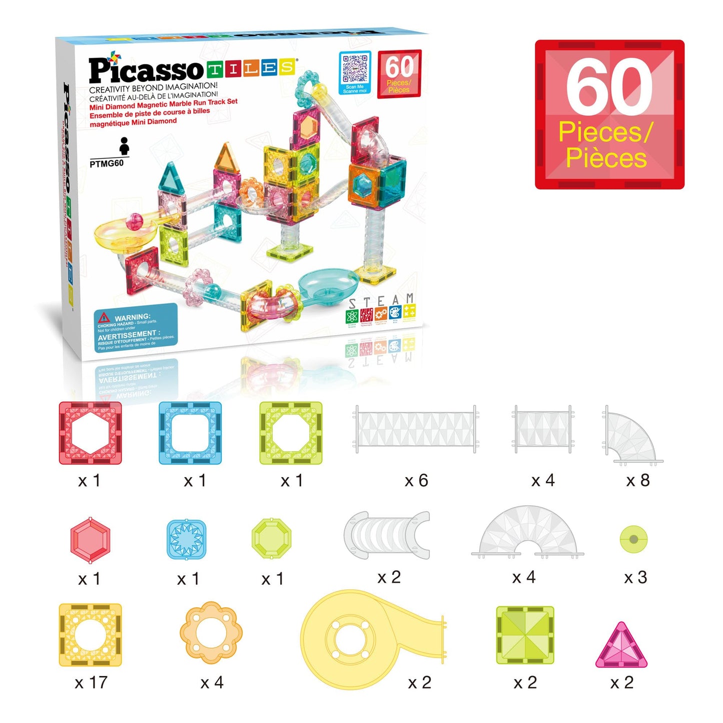 PicassoTiles 108pc 3-in-1 Marble Run Car Race Track Combo Magnetic Tiles PicassoToys Magnet Building Block Educational Construction Toy Playset STEM STEAM Learning Kit Child Brain Development PTG108