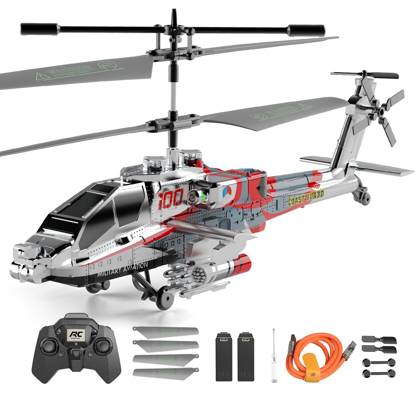 Remote Control Military Flying Helicopter Toy 2.4GHz, 3.5 Channels, Gyro & LED Light, Altitude Hold, RC Helicopters for Kids Adults Beginner (Silvery)