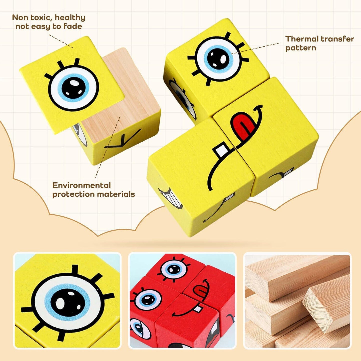 Wooden Face Changing Magic Cube Game | 64 Cards, 16 Blocks, 1 Bell