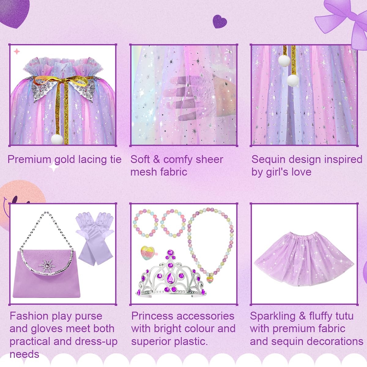 Meland Princess Dress up Clothes for Little Girl, 11Pcs Princess Cape with Crown, Princess Dresses for Girl 3-8 Birthday Gift