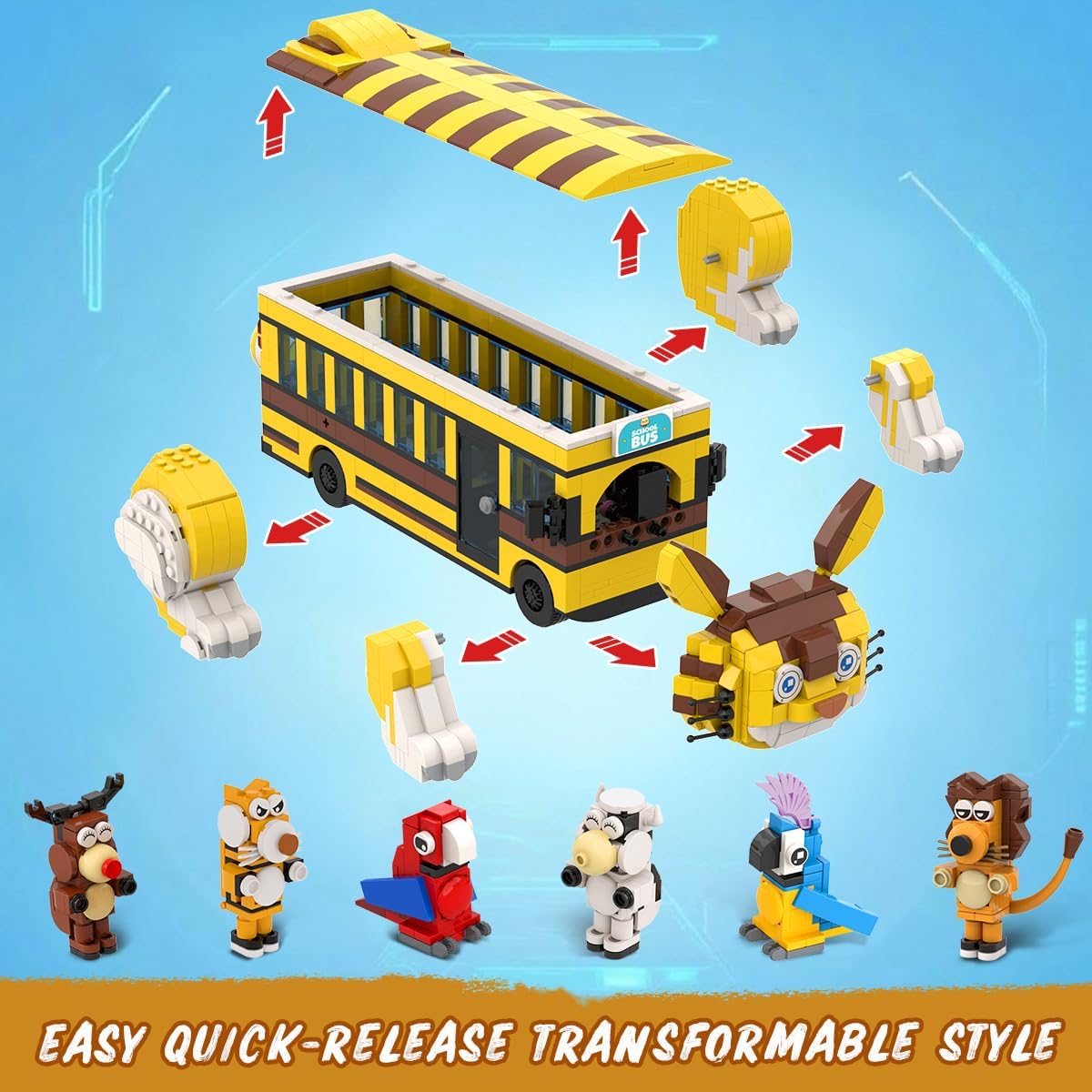 HOGOKIDS Cat School Bus Building Set with Light - 1319PCS City Bus Adventure Building Toy with 6 Animals & Station, Creative Cute Lion Parrots Elk Dairy Cow Tiger Blocks Playset Surprise Gift for Kids