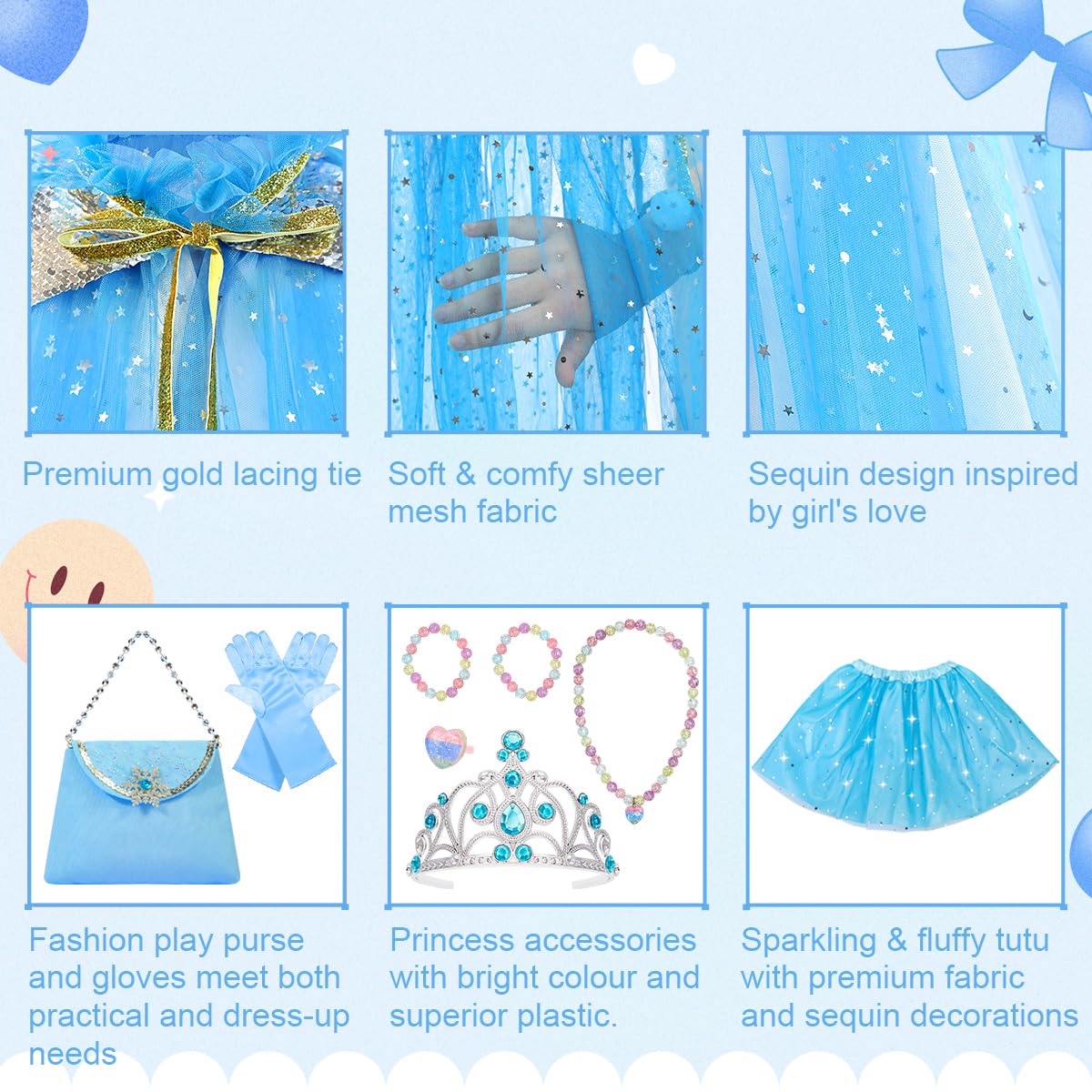 Meland Princess Dress up Clothes for Little Girl, 11Pcs Princess Cape with Crown, Princess Dresses for Girl 3-8 Birthday Gift