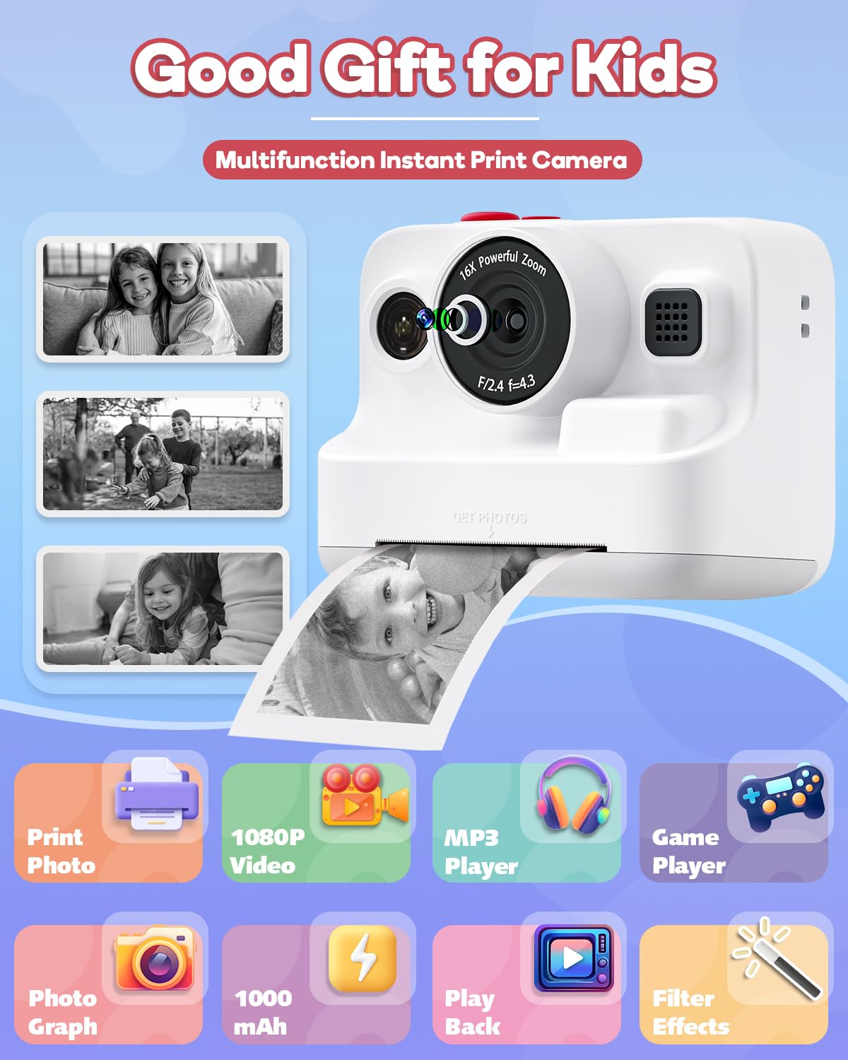 Kids Camera Instant Print,1080P Kids Instant Cameras That Print Photos,Christmas Birthday Gifts for Girls Age 3-12,Portable Toy for 3 4 5 6 7 8 9 10 Year Old Girls Boys Pink