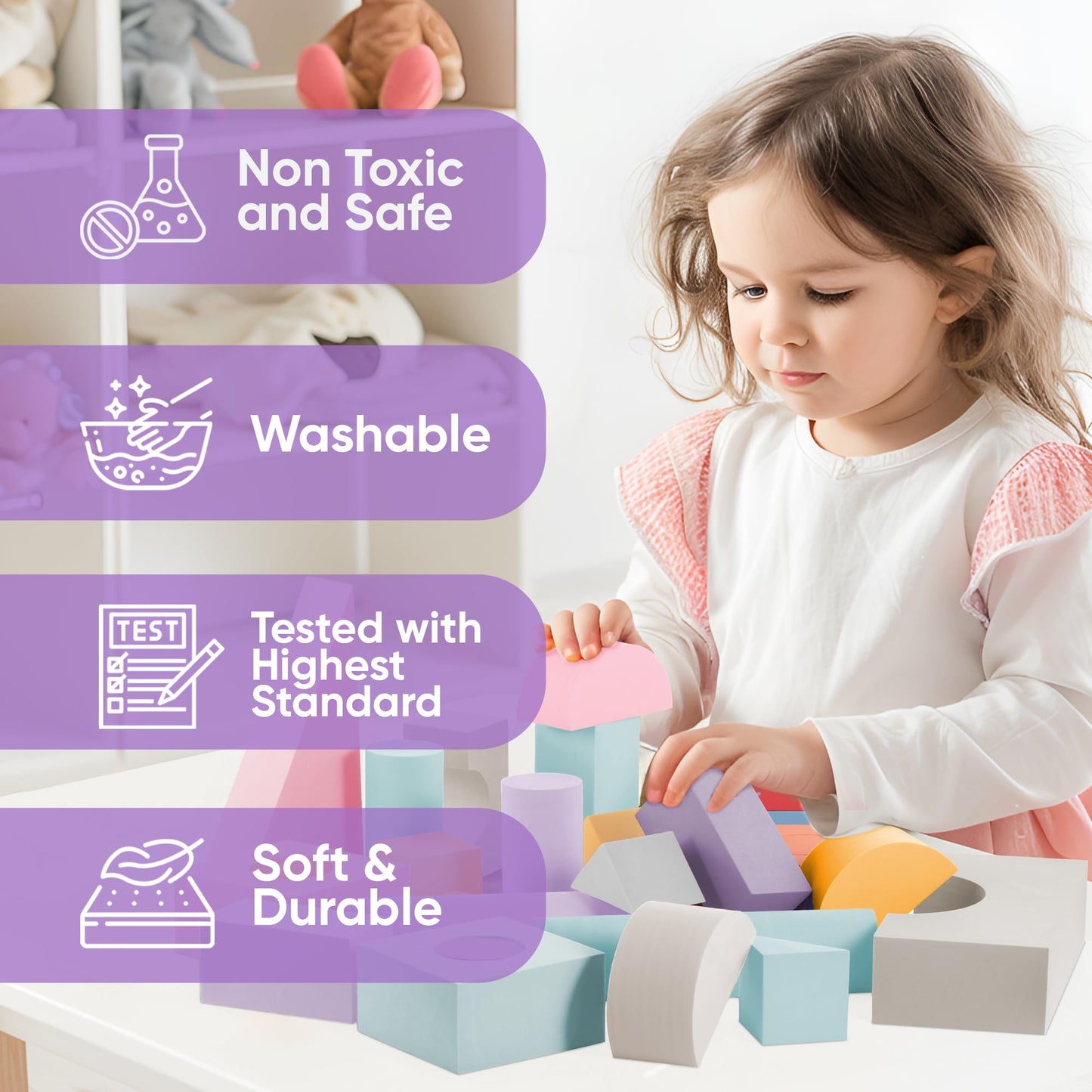 Set of 34 Large Foam Blocks for Toddlers - Stacking Soft Blocks for Kids with Shapes & Colors Learning - Construction Building Preschool Toys - Soft Toy for Daycare Toddlers 3-5 & Above