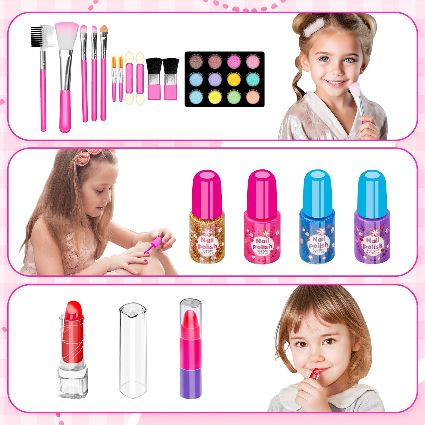 Hollyhi 58 Pcs Kids Makeup Kit for Girl, Princess Toys Real Washable Cosmetic Set with Mirror, Kids Makeup Sets for Girls, Play Make Up Birthday Gifts for 3 4 5 6 7 8 9 10 11 12 Years Old Kid (Rose)