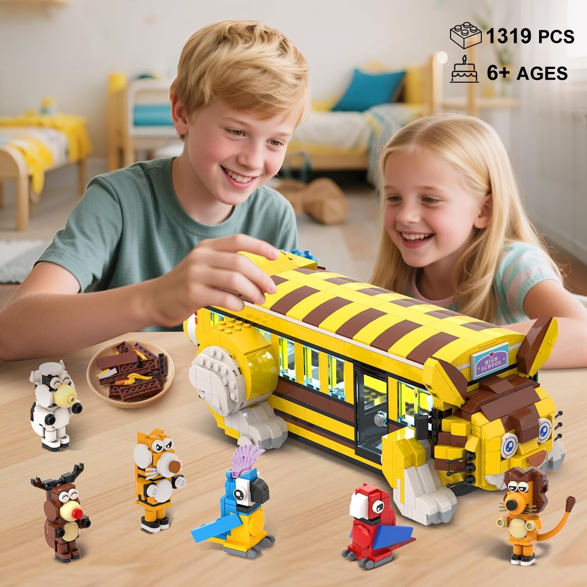 HOGOKIDS Cat School Bus Building Set with Light - 1319PCS City Bus Adventure Building Toy with 6 Animals & Station, Creative Cute Lion Parrots Elk Dairy Cow Tiger Blocks Playset Surprise Gift for Kids