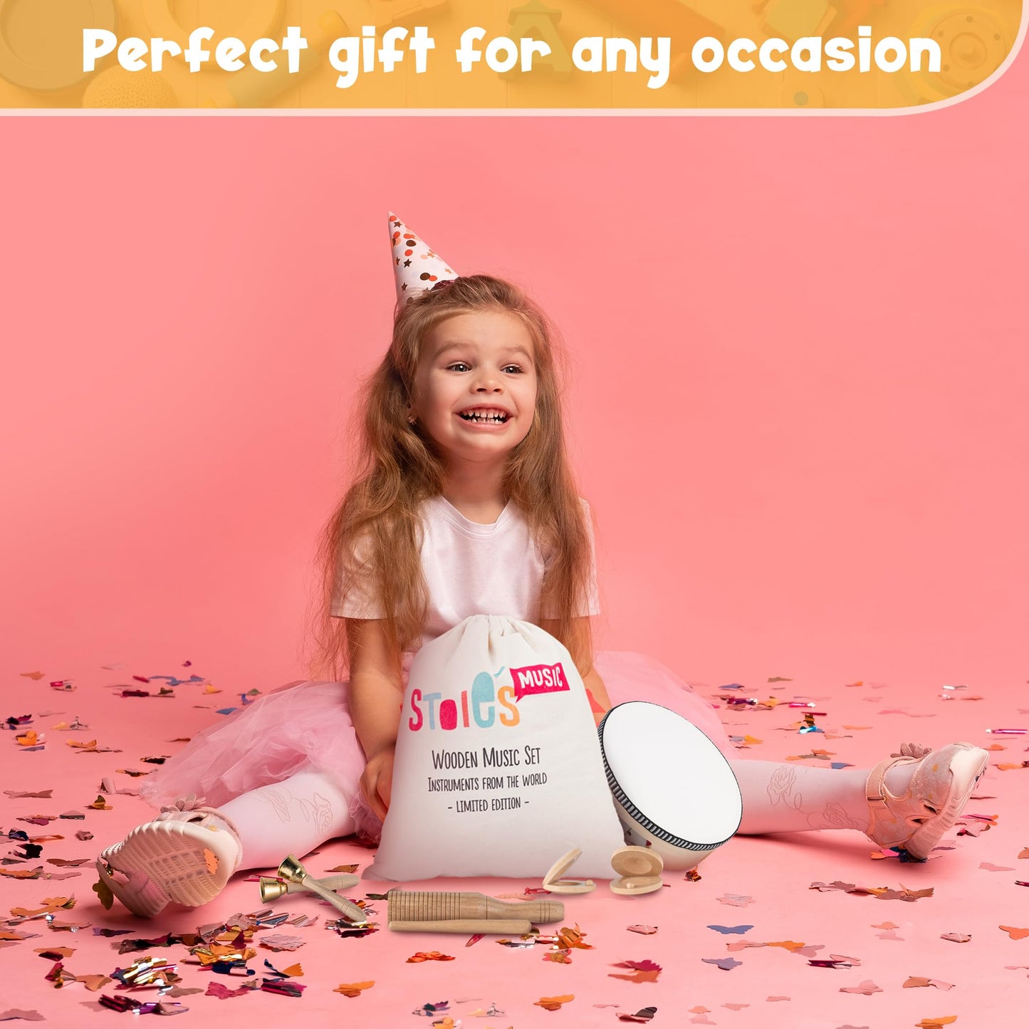 Stoie's Wooden Kids Musical Instruments for 3-9 Years Old, with Drum, Hand Bells, Flute, Maracas, Castanet, Tamburine, for Babies and Toddlers, Durable, Safe, Montessori Educational Toy, Storage Bag