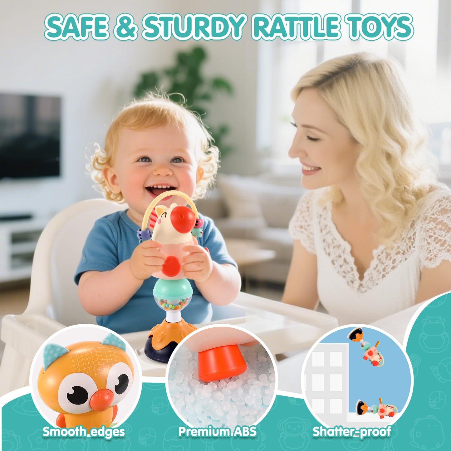 Baby Toys 6-12 Months Infant Toy Set of 3 High Chair Suction Cup Rattle Teething Toys for Babies 6 7 9 12-18 Months 2-in-1 Sensory Development Tray Toy Baby Gifts for Boys Girls