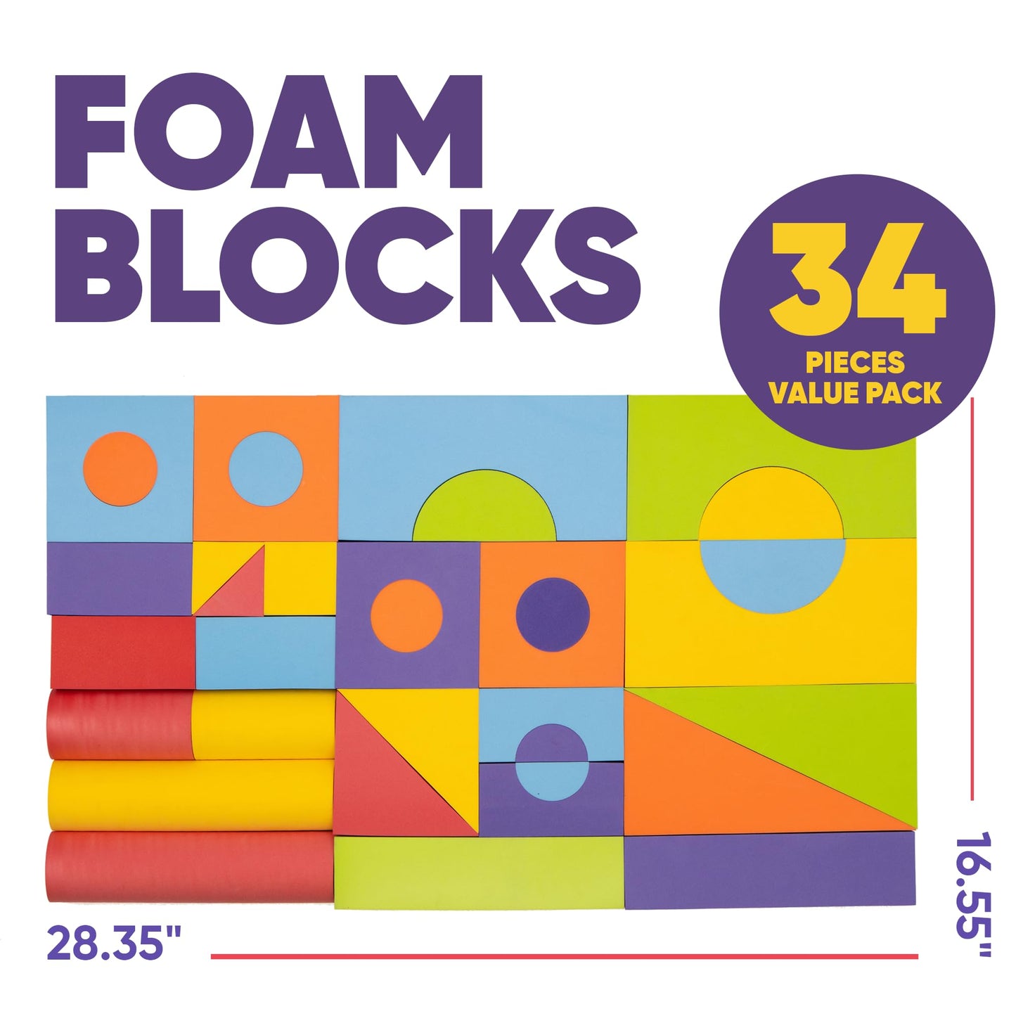 Set of 34 Large Foam Blocks for Toddlers - Stacking Soft Blocks for Kids with Shapes & Colors Learning - Construction Building Preschool Toys - Soft Toy for Daycare Toddlers 3-5 & Above