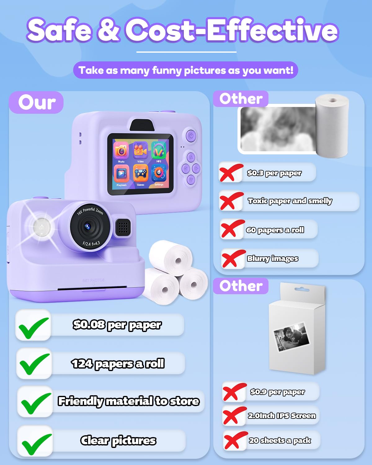 Kids Camera Instant Print,1080P Kids Instant Cameras That Print Photos,Christmas Birthday Gifts for Girls Age 3-12,Portable Toy for 3 4 5 6 7 8 9 10 Year Old Girls Boys Pink