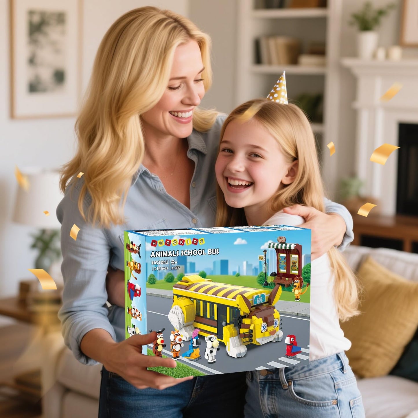 HOGOKIDS Cat School Bus Building Set with Light - 1319PCS City Bus Adventure Building Toy with 6 Animals & Station, Creative Cute Lion Parrots Elk Dairy Cow Tiger Blocks Playset Surprise Gift for Kids