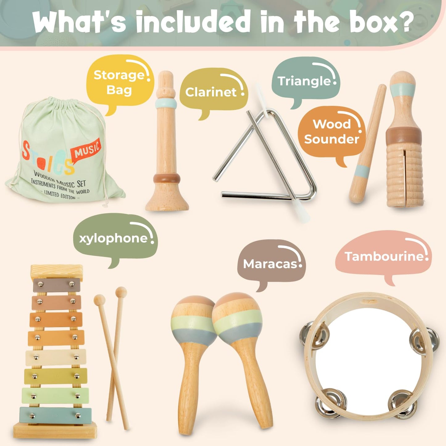 Stoie's Wooden Kids Musical Instruments for 3-9 Years Old, with Drum, Hand Bells, Flute, Maracas, Castanet, Tamburine, for Babies and Toddlers, Durable, Safe, Montessori Educational Toy, Storage Bag