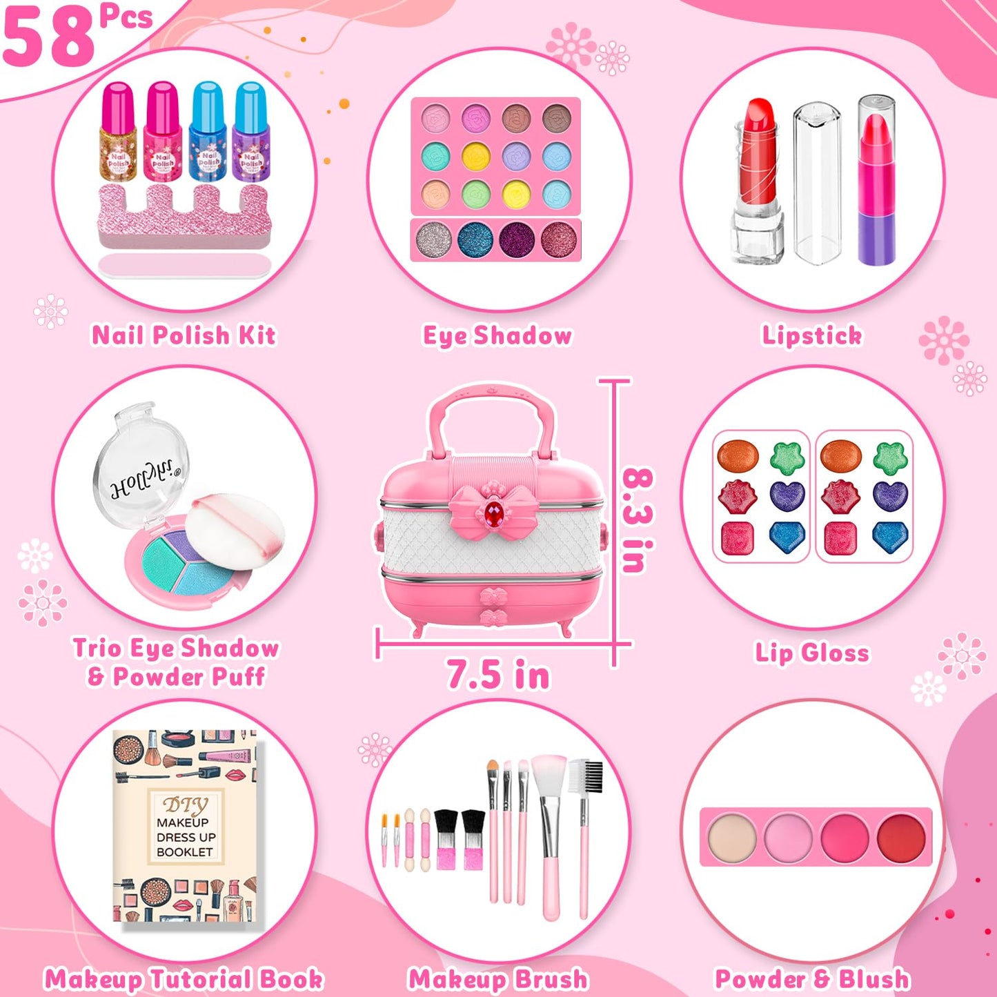Hollyhi 58 Pcs Kids Makeup Kit for Girl, Princess Toys Real Washable Cosmetic Set with Mirror, Kids Makeup Sets for Girls, Play Make Up Birthday Gifts for 3 4 5 6 7 8 9 10 11 12 Years Old Kid (Rose)