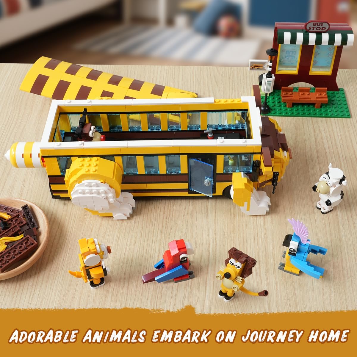 HOGOKIDS Cat School Bus Building Set with Light - 1319PCS City Bus Adventure Building Toy with 6 Animals & Station, Creative Cute Lion Parrots Elk Dairy Cow Tiger Blocks Playset Surprise Gift for Kids